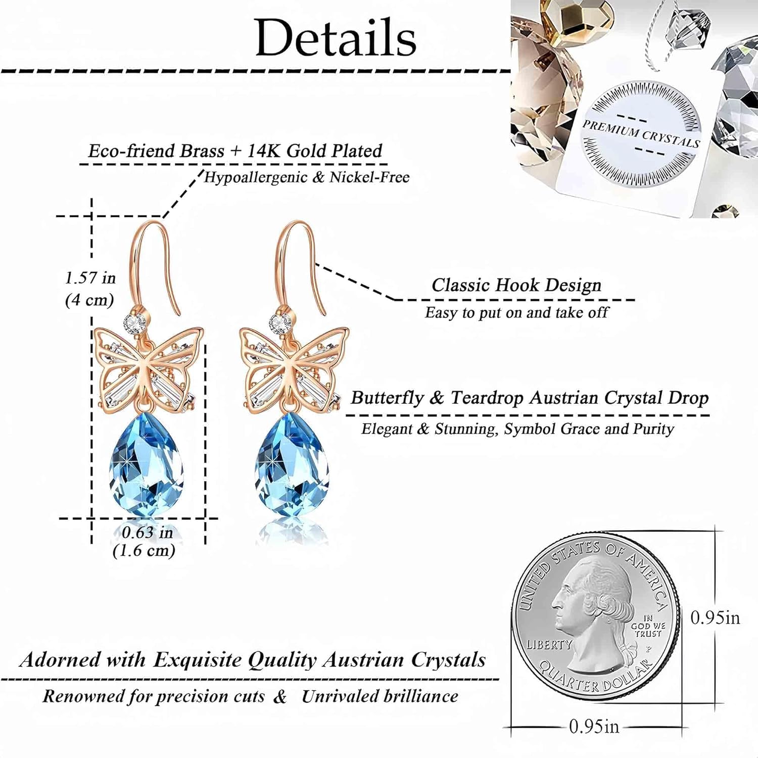 Austrian Crystal Teardrop Butterfly Drop Dangle Earrings for Women 14K Rose Gold Plated Hypoallergenic Jewelry