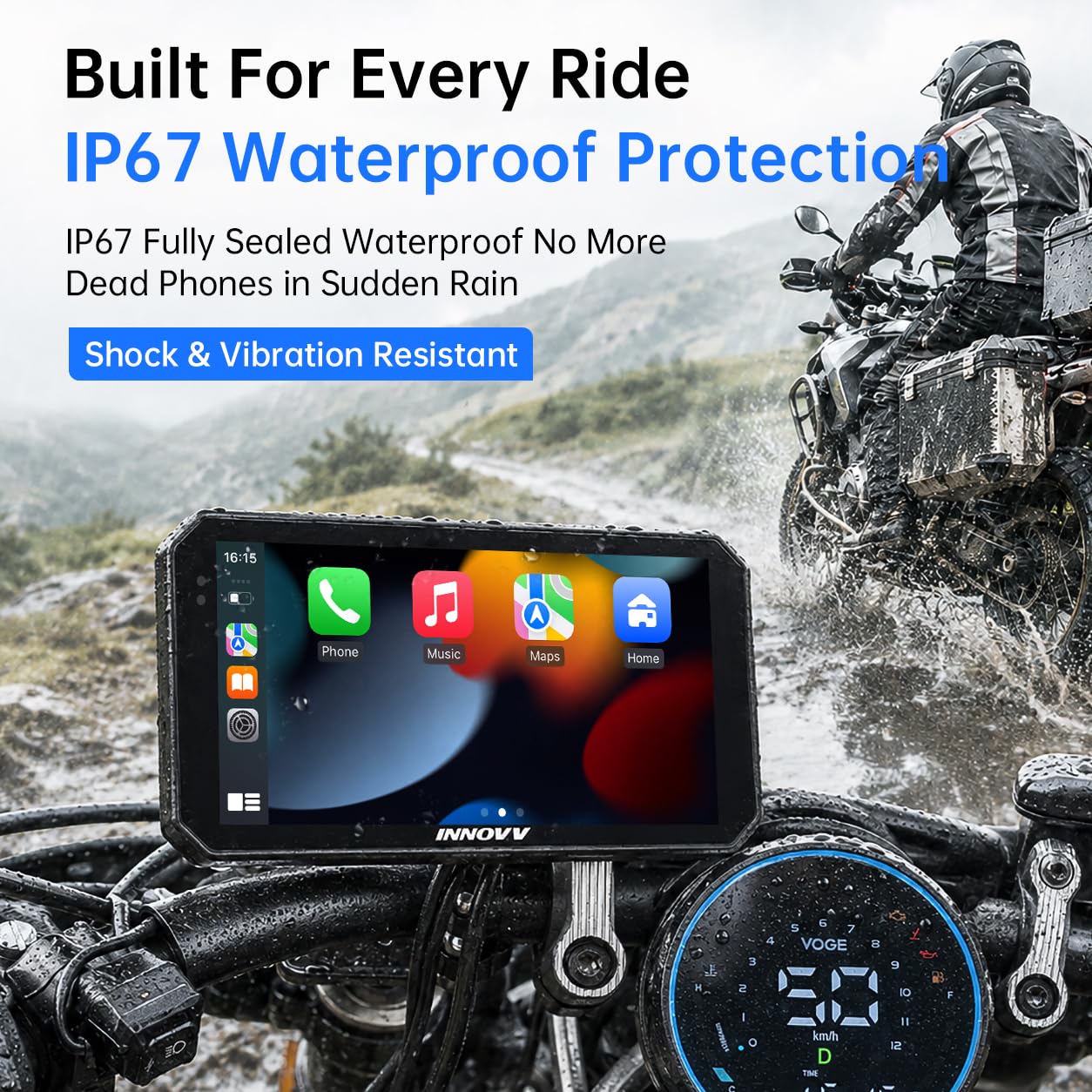 INNOVV N2 15.2 cm Apple Carplay ekran do motocykla, ekran dotykowy, bezprzewodowy system nawigacji GPS Apple CarPlay i Android, 5G Wi-Fi, wodoodporność IP67, Bluetooth, tryb parkowania, Siri, App
