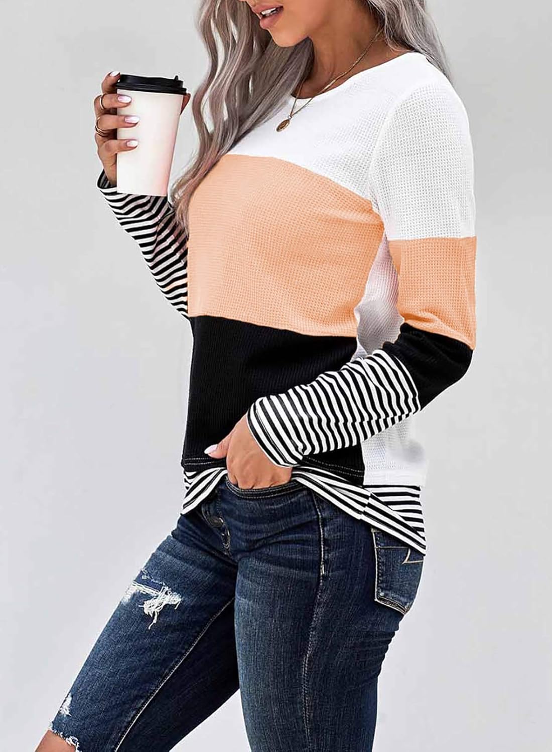 Eytino Women Casual Long Sleeve Round Neck Colorblock Loose Tunic Shirt Blouse Tops S-XXL