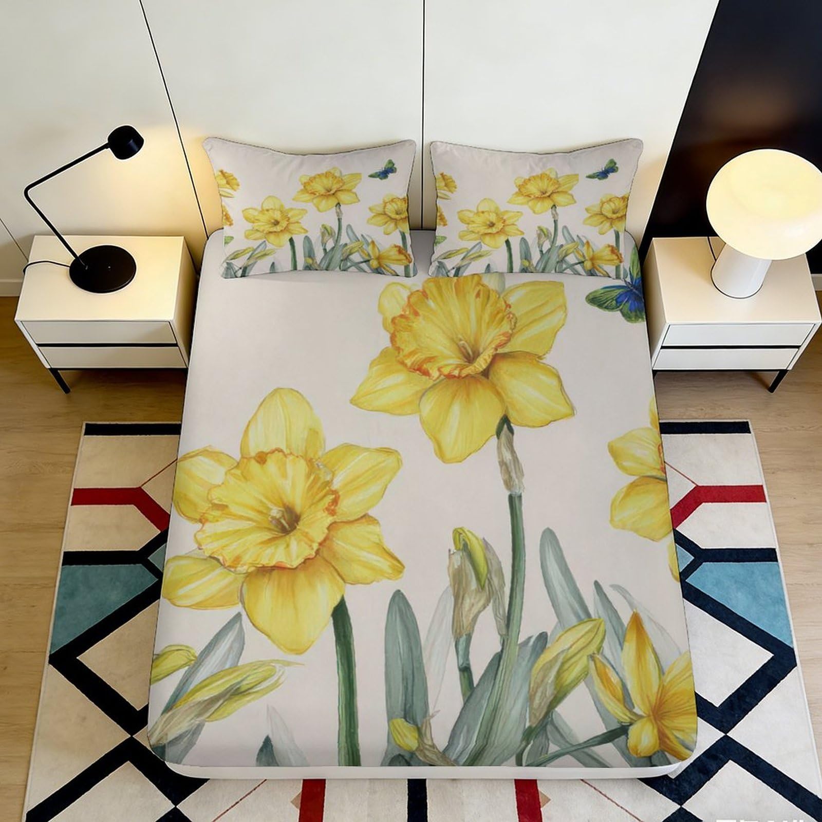 3D Printed Yellow Daffodil Fitted Sheet Microfiber Floral Butterfly Mattress Cover for Bedroom Dorm Easy Care 160x200x25cm
