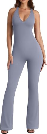 OQQ Jumpsuits for Women Halterneck Lace-Trim Flared Jumpsuits