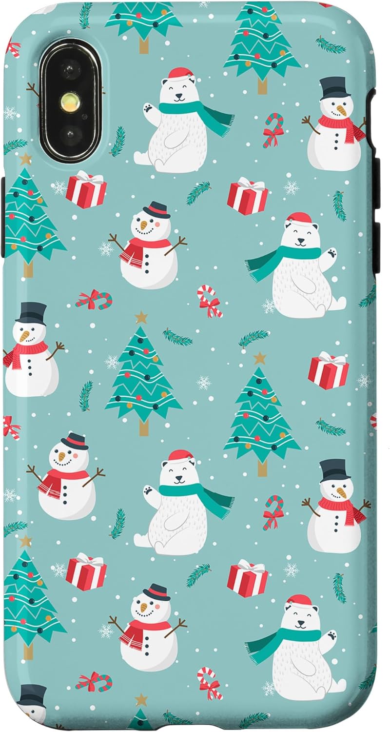 iPhone 14 Pro Max Polar Bear Snowman Tree Christmas Design Green Phone Cover Case
