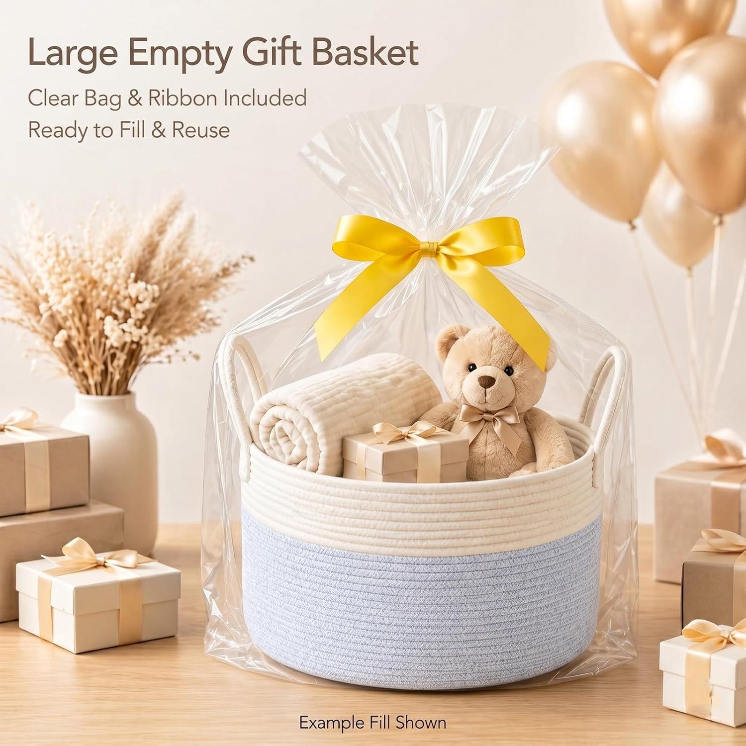 Extra Large Gift Basket Empty to Fill with Wrap, Reusable Woven Basket for Shower Gifts, Throw Blanket, Cotton Rope Laundry Basket with Handles, Storage Basket Living Room, Light Blue