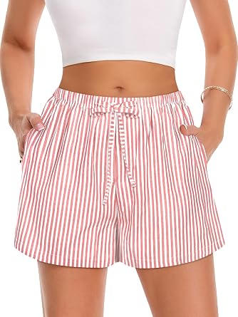 Women Boxer Shorts Gingham Drawstring Pajama Bottom Plaid Pants with Pocket