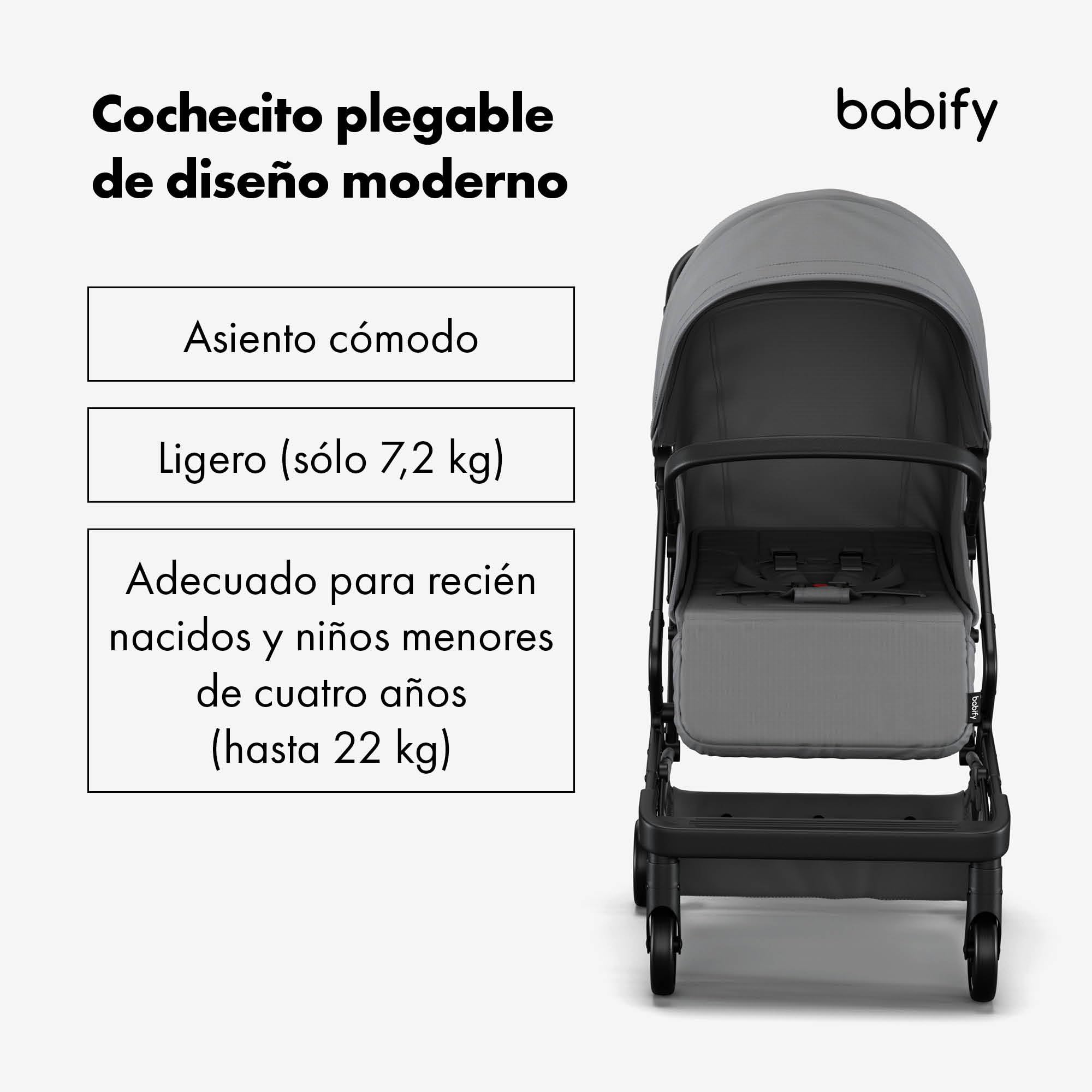 Babify Carrito Bebe Urban Ease - Desde Nacimiento a 4 Años (22 kg), Plegado con Una Mano, Reclinable, Reposapiés Ajustable, Revestimiento Extraíble, Cesta, Capota con Ventana, Silla Ligera, Gris