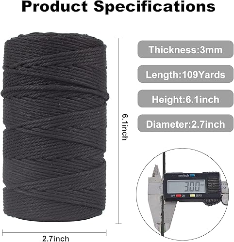 Miniatura 6 de Cordón de macramé de 0.118 in x 109 yardas (328 pies), cuerda de macramé 100% algodón natural, cuerda de algodón torcido de 4 hebras para