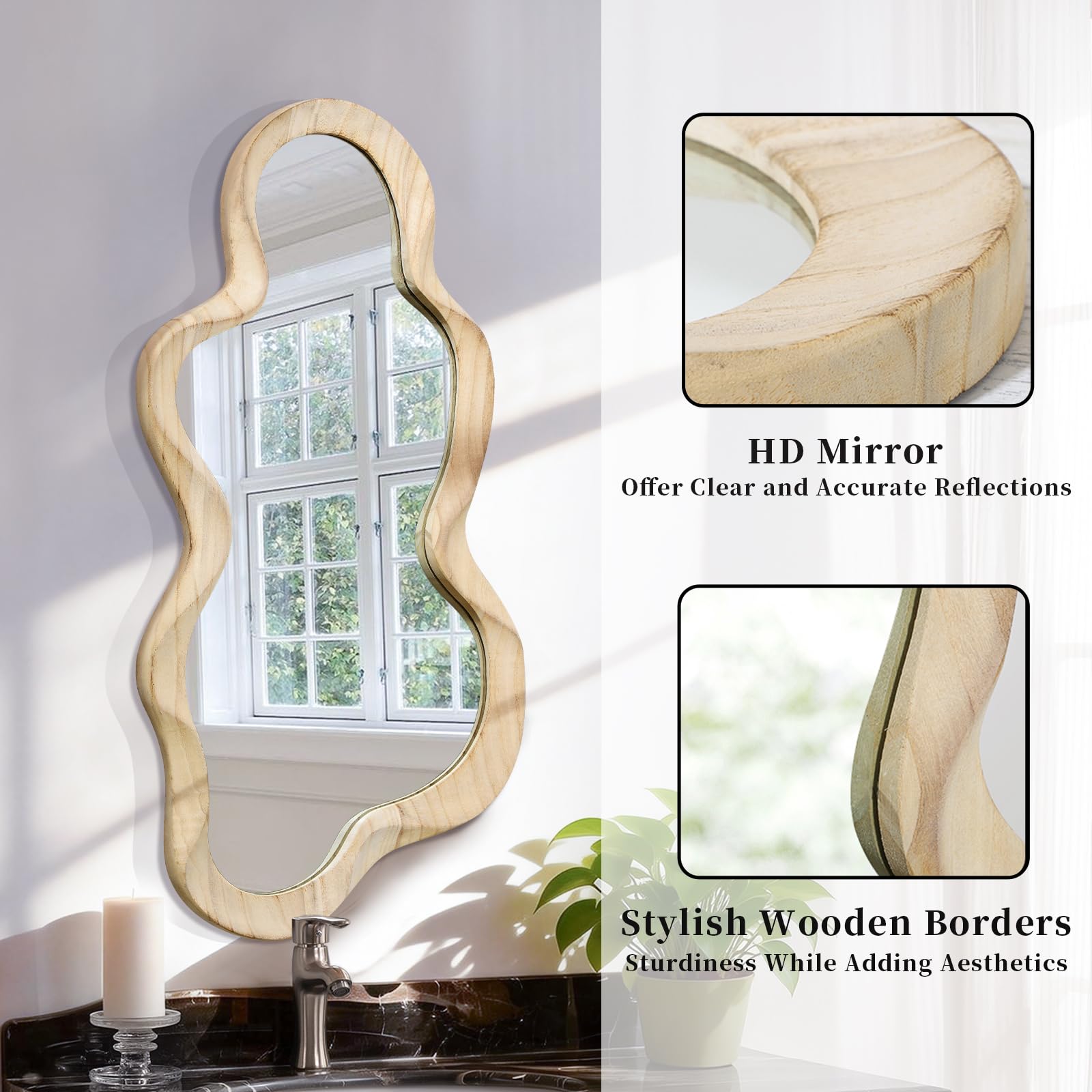 Espejo asimétrico para decoración de pared, gran espejo de pared moderno con marco de madera, forma única, espejo artístico montado en la pared, decorativo para sala de estar, dormitorio, baño