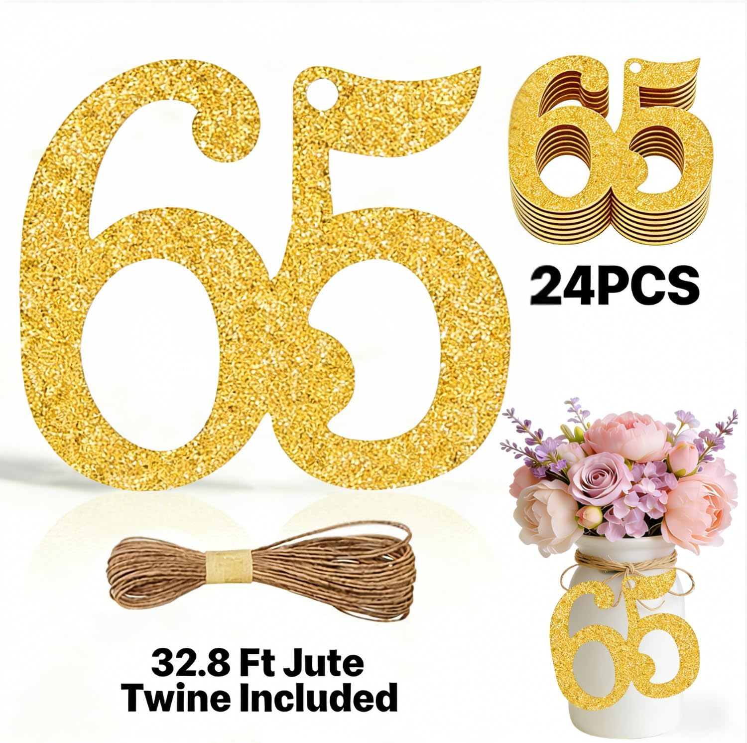 ALISSAR 24PCS Gold 65 Number Tags with 32.8 Ft Jute Twine – 65th Birthday Decorations, 65th Anniversary Party Supplies, Mason Jar Centerpieces, Gift Wrapping & Table Decor Kit
