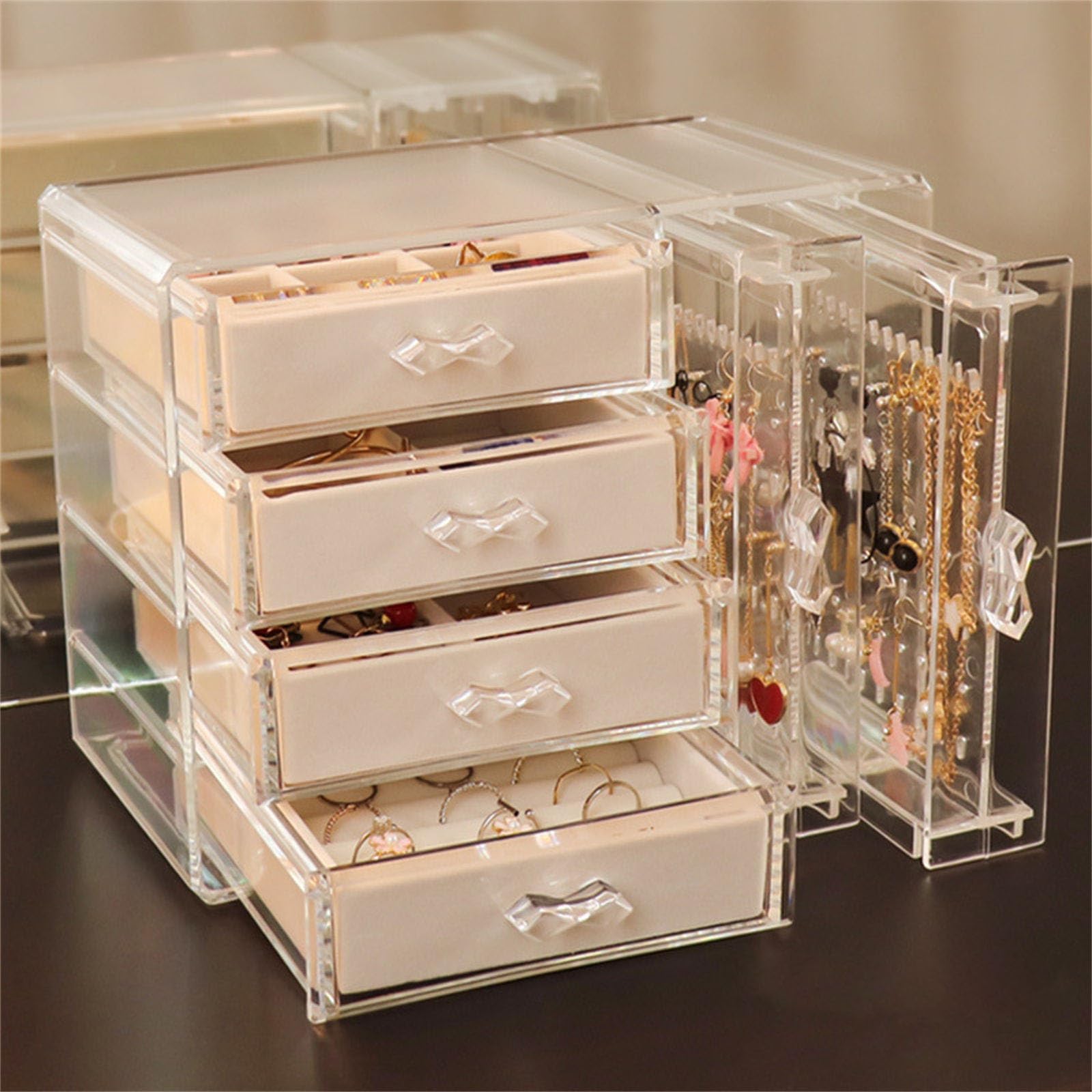 Eleganti Organizzatori Gioielli in Plastica Trasparente con Cinque Cassetti Soluzione Archiviazione Portatile per Orecchini E Accessori per Collane