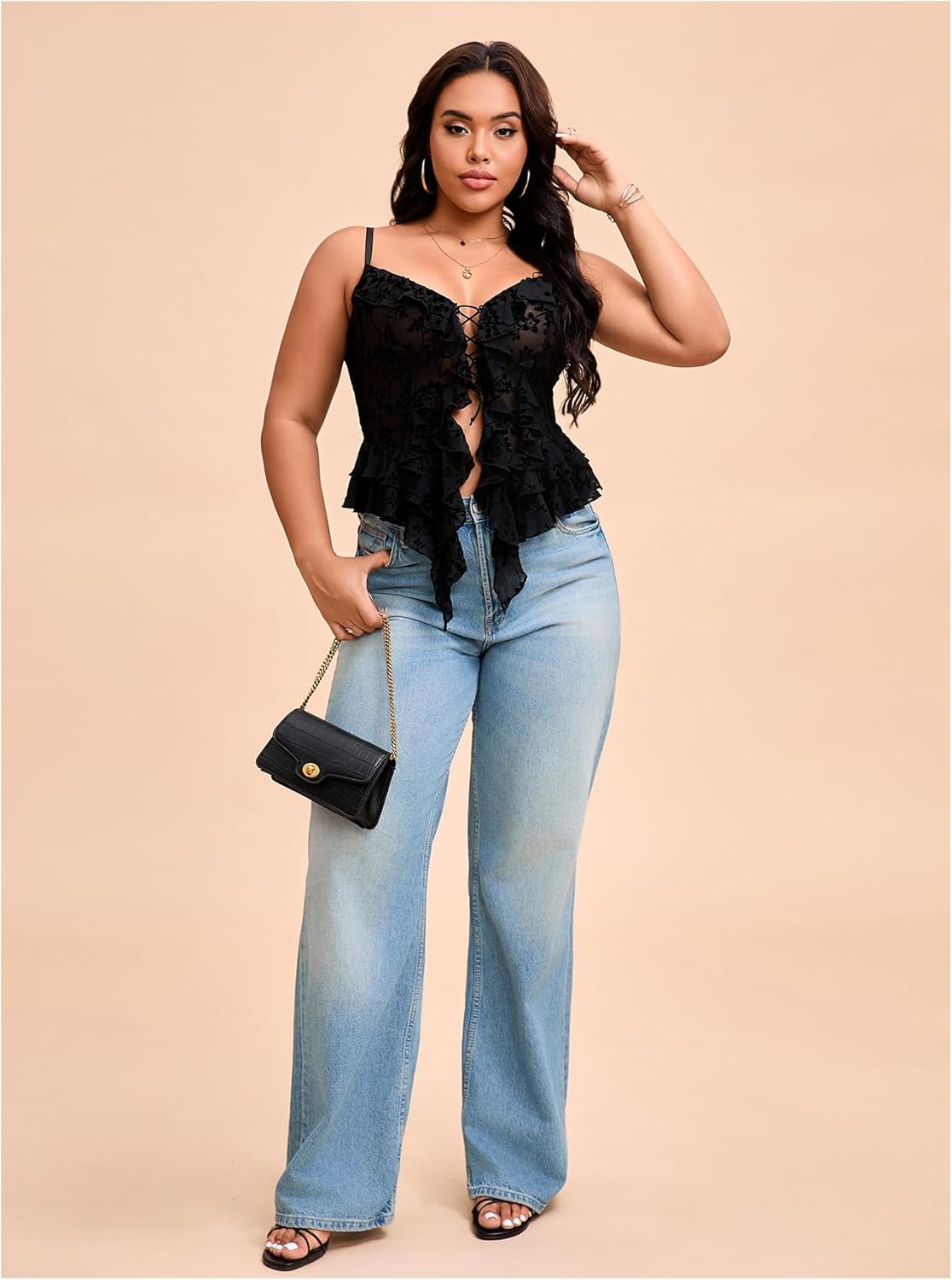 OYOANGLE Women's Plus Size Lace Sheer Ruffle Trim Cami Tops Y2K Lace Up Fitted Camisole Clubwear - Image 4