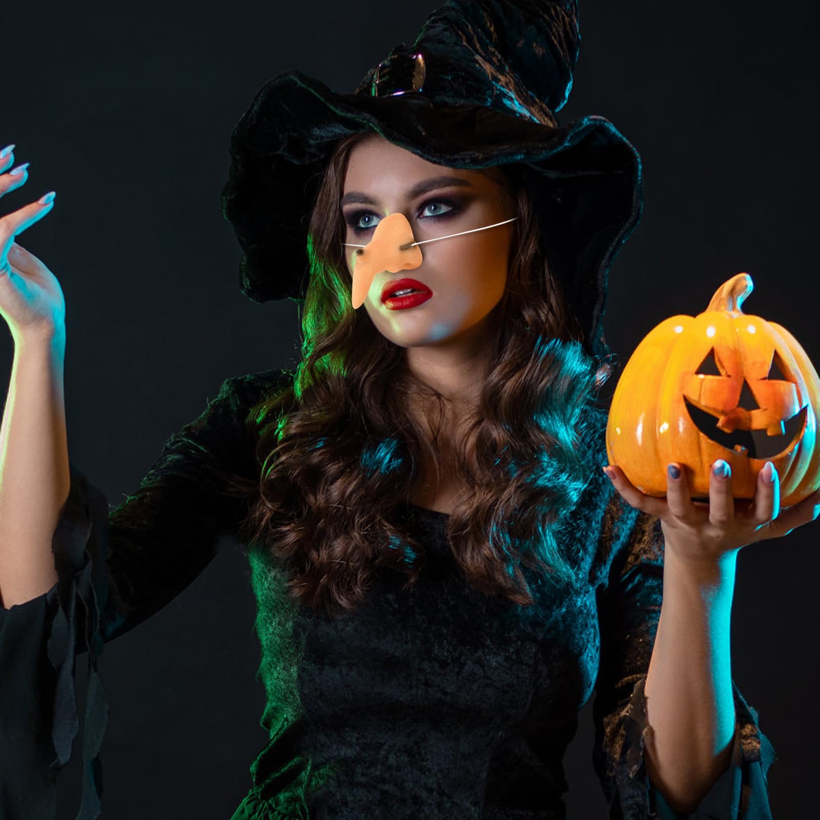 Kit Sorcière Halloween : Nez Latex Réaliste + 10 Ongles Noirs Longs - Avec Élastique, Cosplay Enfant & Adulte