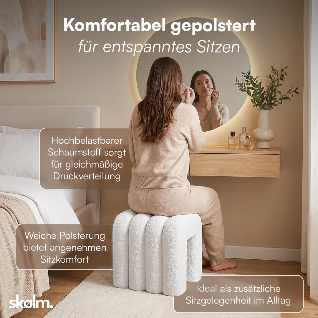 skølm Selitha Hocker U-Form, Sitzhocker 40x40cm, Teddy Bouclé, Creme-weiß