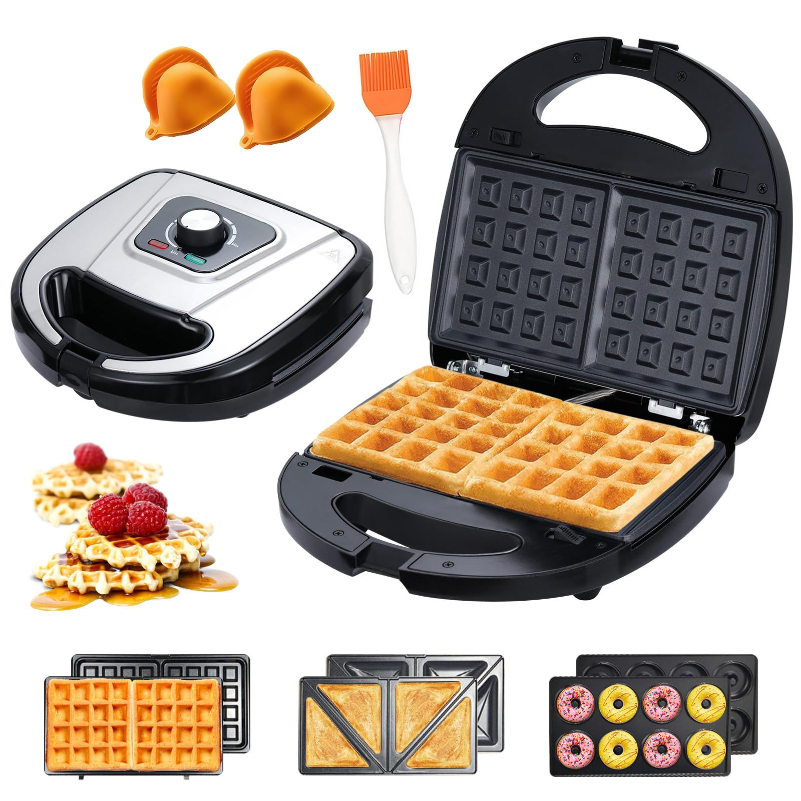 3-in-1 Mini Sandwich Maker with Non-Stick Plates, Electric Waffle Maker, Mini Donut Maker, Breakfast Sandwich Maker Press with Removable Plates, Compact Design &amp; Adjustable Temperature Knob