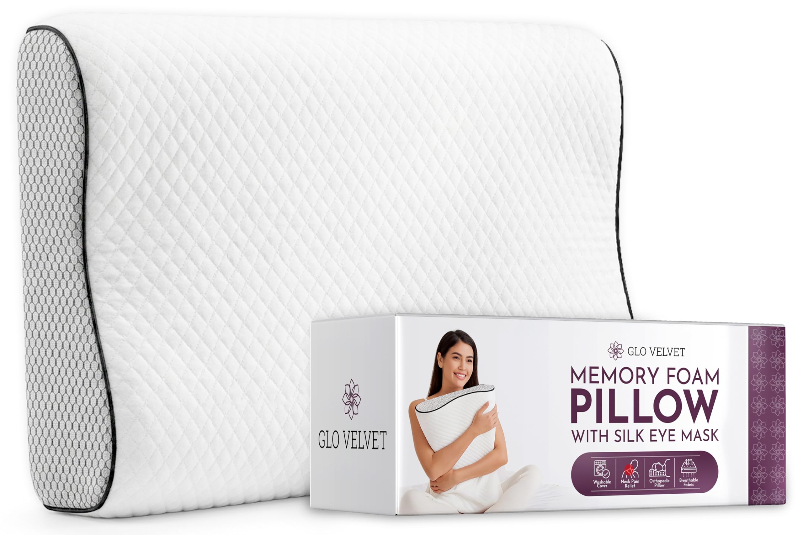 Glo Velvet Contour Memory Foam Pillow for Neck & Shoulder Pain – Orthopaedic Ergonomic Cervical Support, Dual Height for Side & Back Sleepers – Includes Free Sleep Eye Mask (40x60cm)