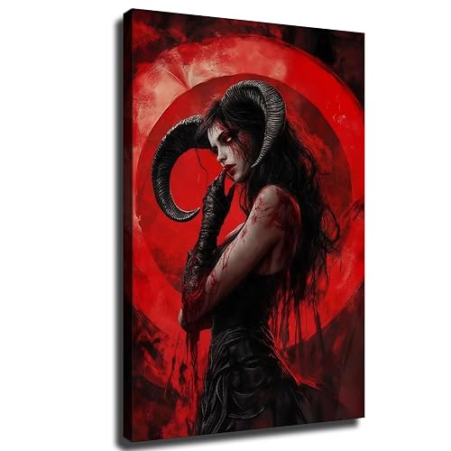 Dark Demon Woman Wall Art, Horned Gothic Female in Blood Red Circle, Horror Fantasy Wall Decor for Alt, Metal or Occult Aesthetic (Framed,20×30 inch) - Framed - 20×30 inch