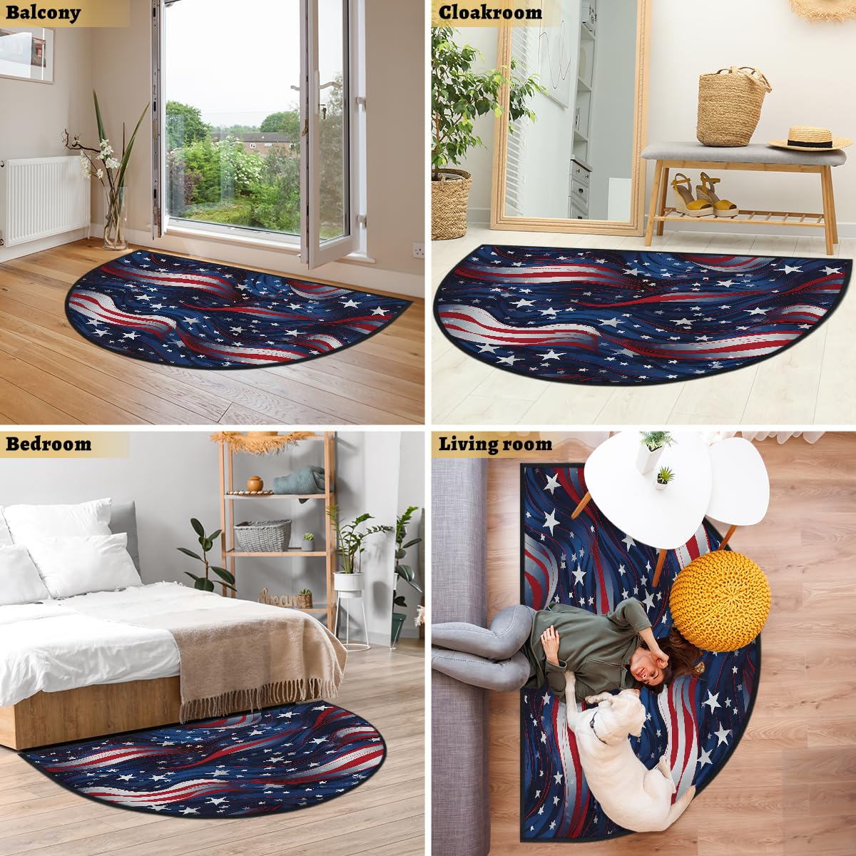 Mexpekil Paillasson demi-rond antidérapant lavable avec drapeau des États-Unis - Demi-lune - Pour intérieur et extérieur - Attrape la saleté - 100 x 160 cm