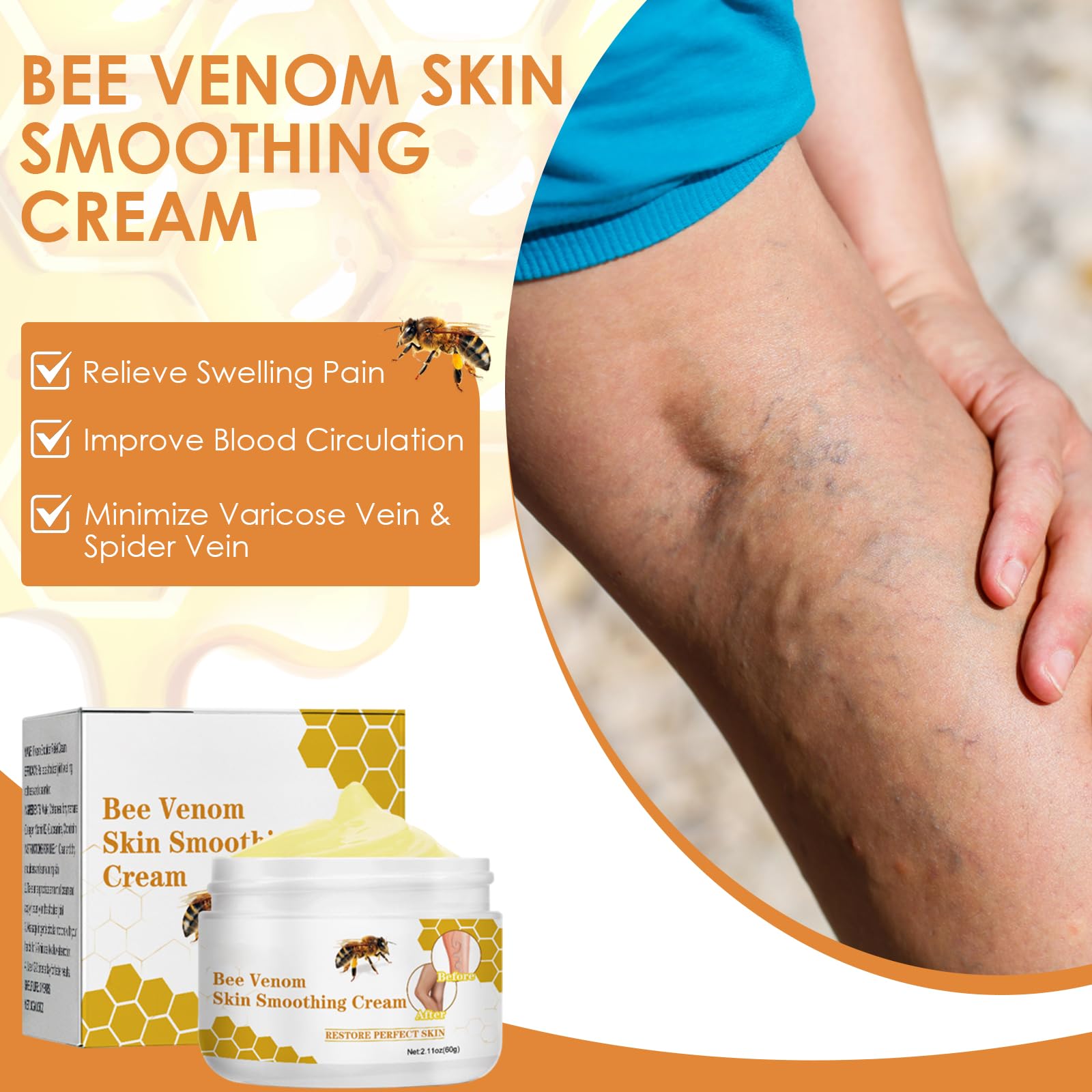 Crème pour Contre les Varices au Venin d'Abeille, Crème de Traitement des Varices au Venin d'abeille, Pommade de Récupération au Venin d'abeille pour les Jambes, Convient à Tous Les Types De Peau, 60g