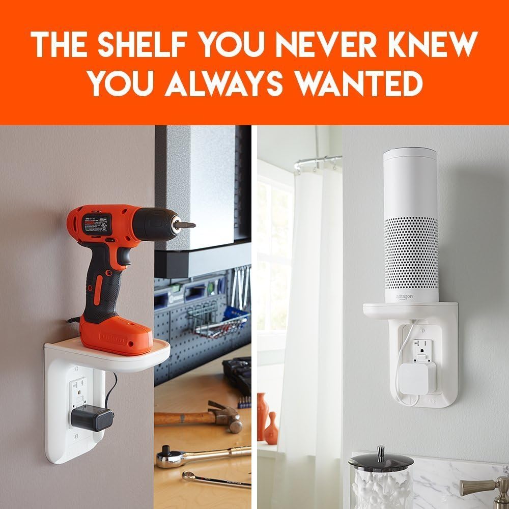 Comparison of standard and Decora style outlet plates, both included with the ECHOGEAR Outlet Shelf for compatibility.