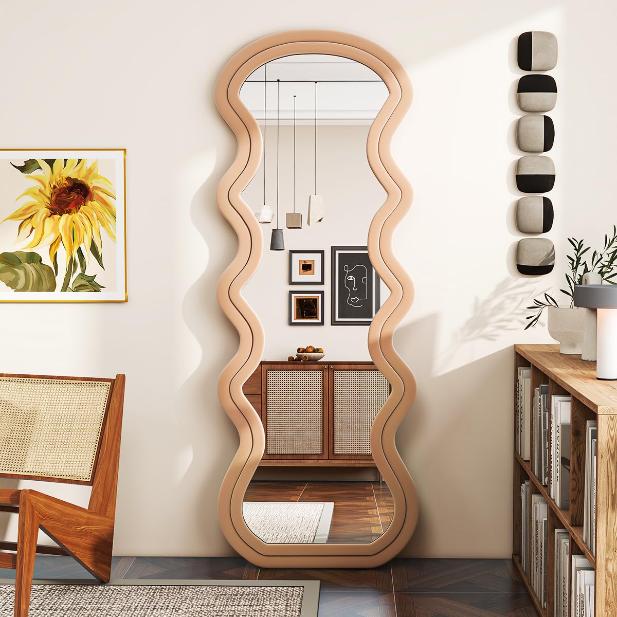 BEAUTYPEAK 63"x24" Irregular Full Body Mirror, Full Length Freely Standing Mirror, Flannel Wave Floor Mirror with Stand for Living Room, Bedroom, Hanging or Against The Wall, Brown