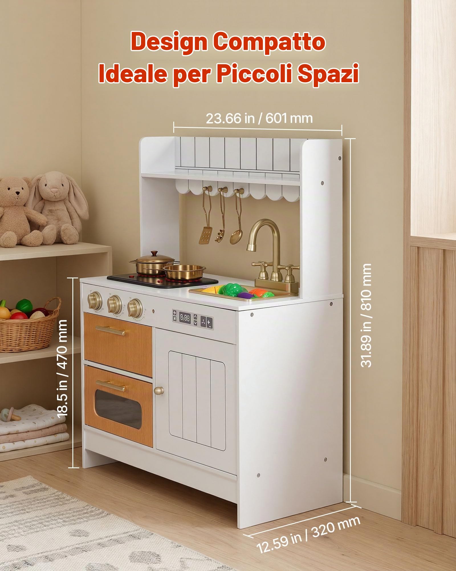 VEVOR Cucina Giocattolo per Bambini in Legno, Set Cucina Giocattolo da Interno con Luci e Suoni Realistici, Cibo e Pentole, Microonde e Forno con Manopole, Gioco di Ruolo, per Bambini da 3 a 8 Anni