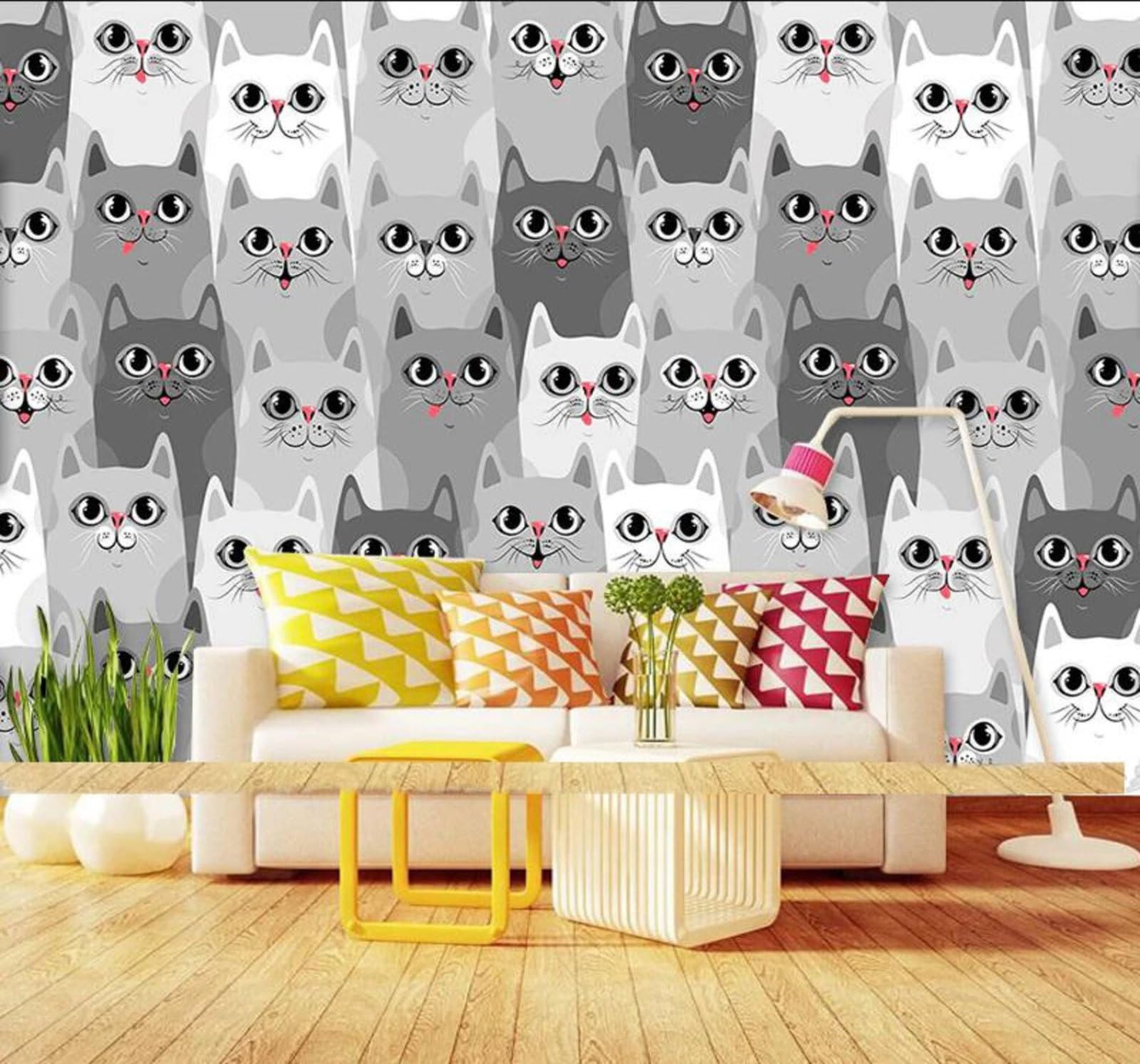 Wallpaper-3D-Xlm 250Cm×170Cm(B×H) Hand Drawn Black And White Cute Kitten Animal 3D Wallpaper Easy Install Feature Office Living Room Sofa Bedroom Tv Background Wall Decoration-250Cm×170Cm