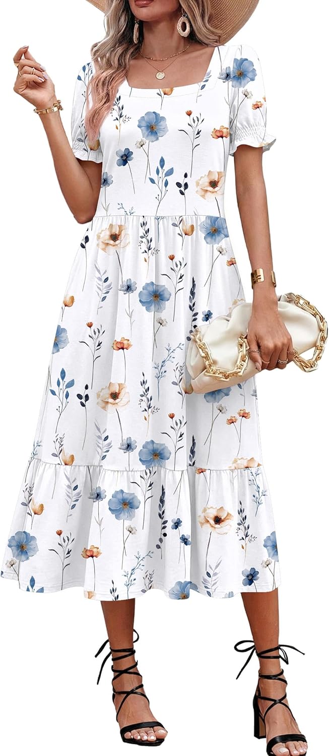 Zeagoo Summer Dresses for Women Flowy Casual Midi Dress Short Sleeve Tiered Dress Beach Vacation Sundresses with Pockets