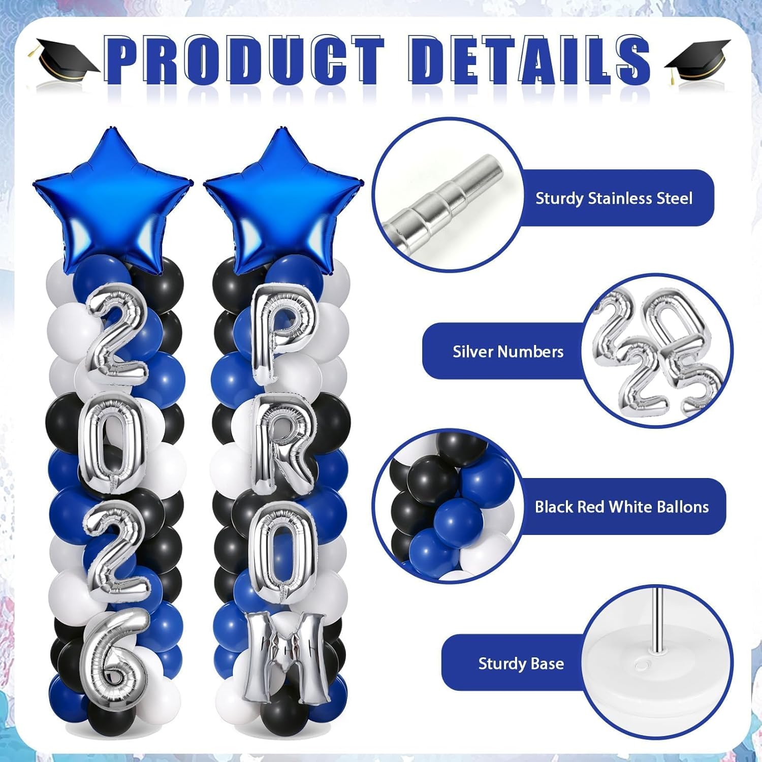 2 Sets Graduation Balloon Column Stand Kit with Balloons Prom Send off 2026 Grad Prom Themed Decor Black Blue White Balloon Tower Stand for Floor Grad School & College Celebration Party Supplies