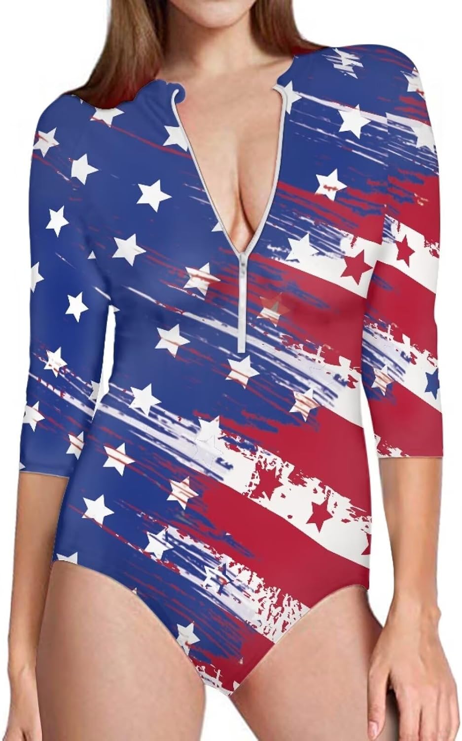 Women Cool One Piece Sexy Deep V Zipper Half Sleeve Swimsuit Elastic Fitting Conservative Sexy Beachwear