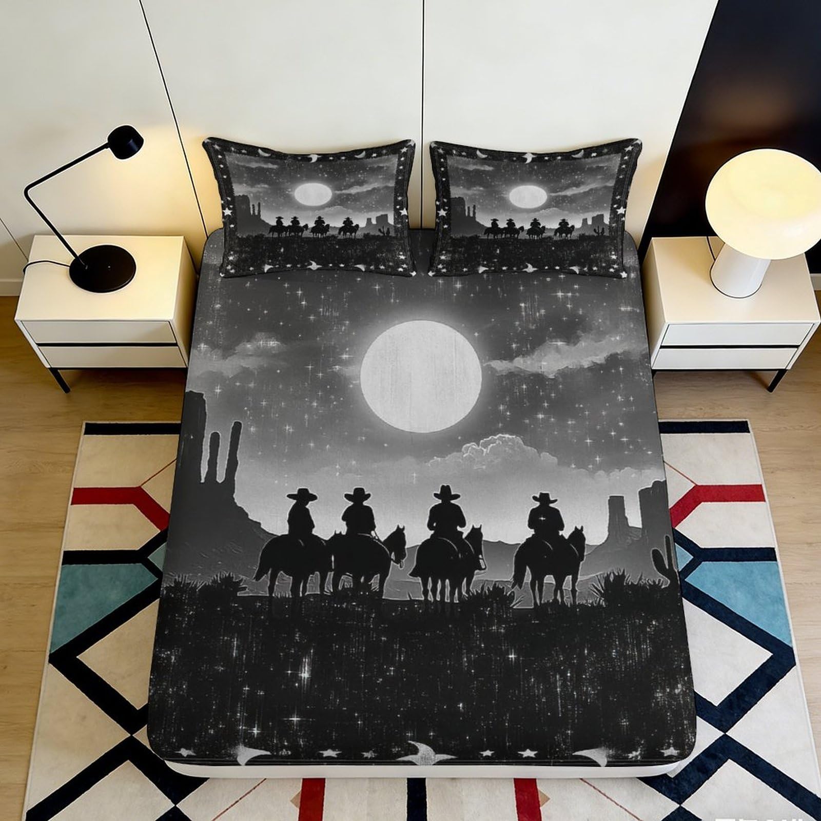 3D Printed Cowboy Moon Night Fitted Sheet Microfiber Soft Black Star Western Bed Cover for Bedroom Dorm Decor 180x200x25cm