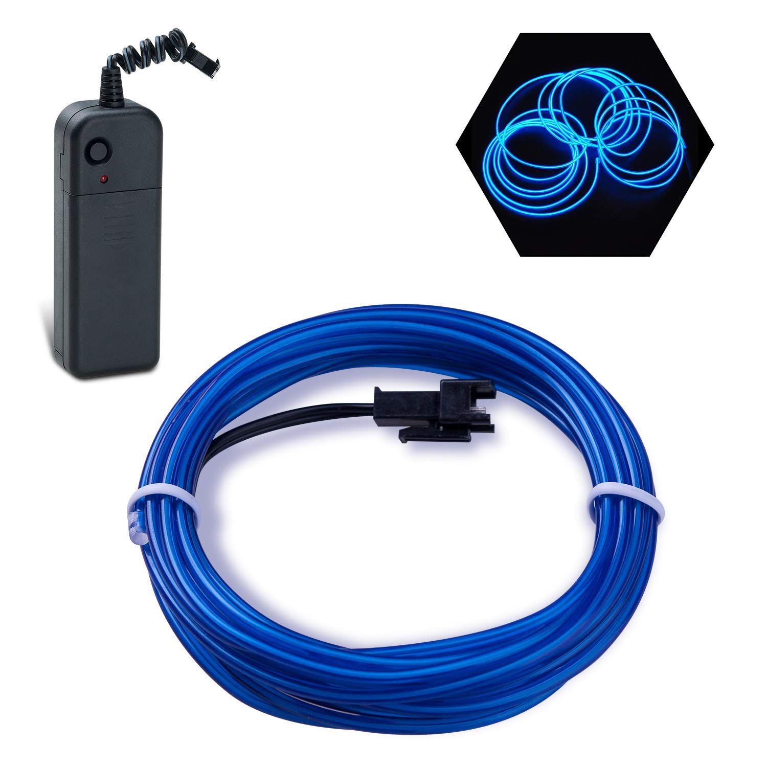 Podazz Blue El Wire 16.4Ft/5M Neon Glowing Strobing Electroluminescent Wire With 3 Lighting Modes, Battery Operated El Light For Halloween Decor, Parties, Xmas Tree, Cosplay, Car Bar Decor