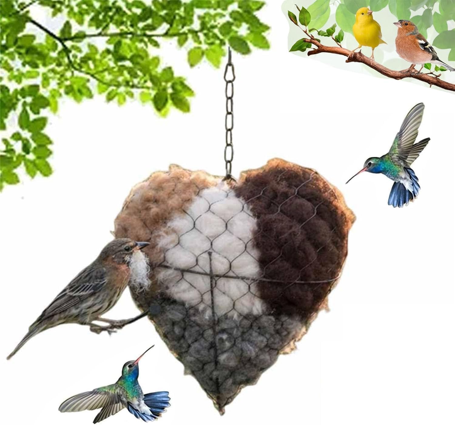 Muexoee Handmade Fiber Bird Nest, Heart Bird Nesting Material Holder, Wild Bird Nest Box for Garden, Shelter for Robin & Hummingbird, Outdoor Bird Boxes for Gardens UK