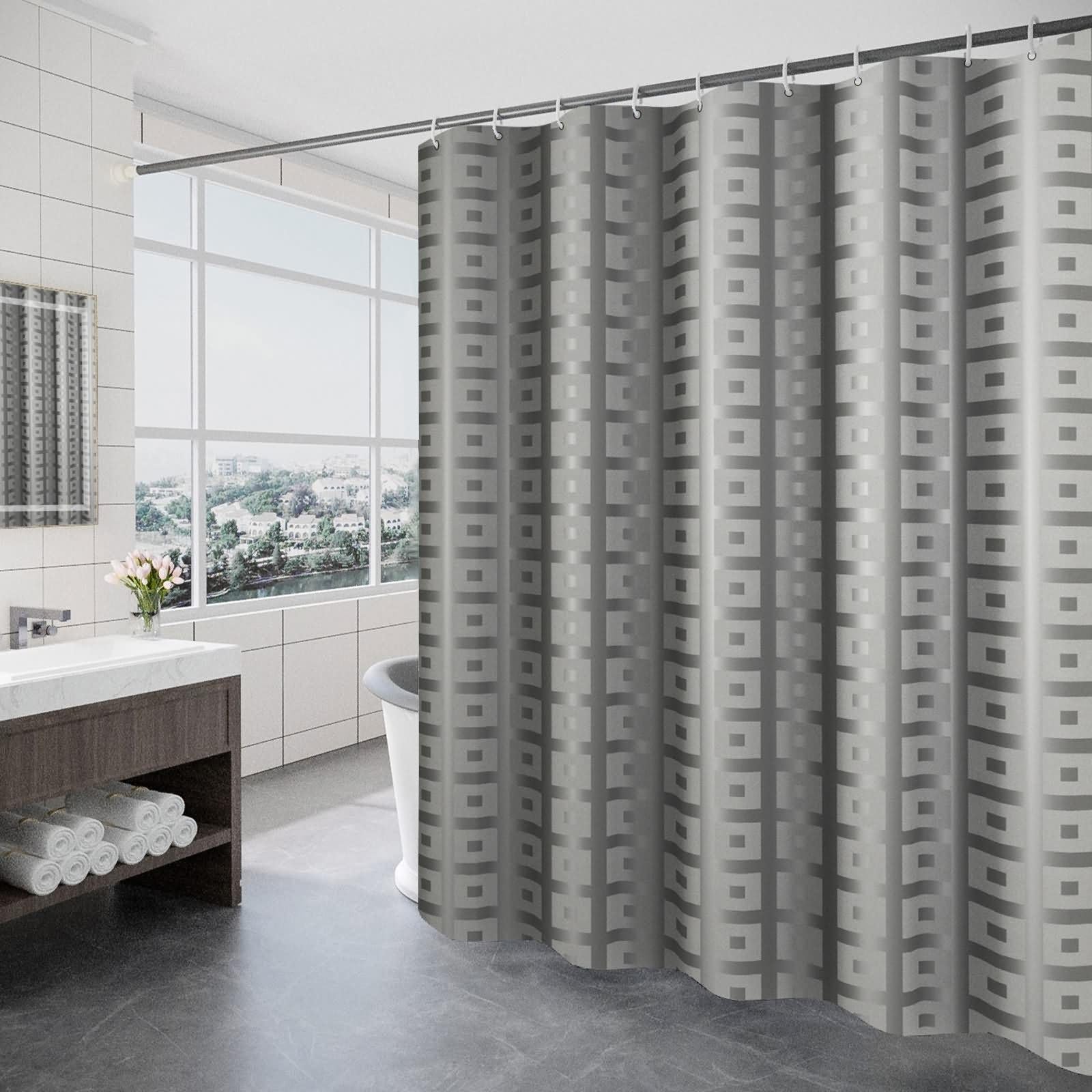 Duschvorhänge mit Ösen,240 W x 200 H cm,Badvorhänge Grau Quadratisches Muster Polyester Duschvorhang Ringe Weiß
