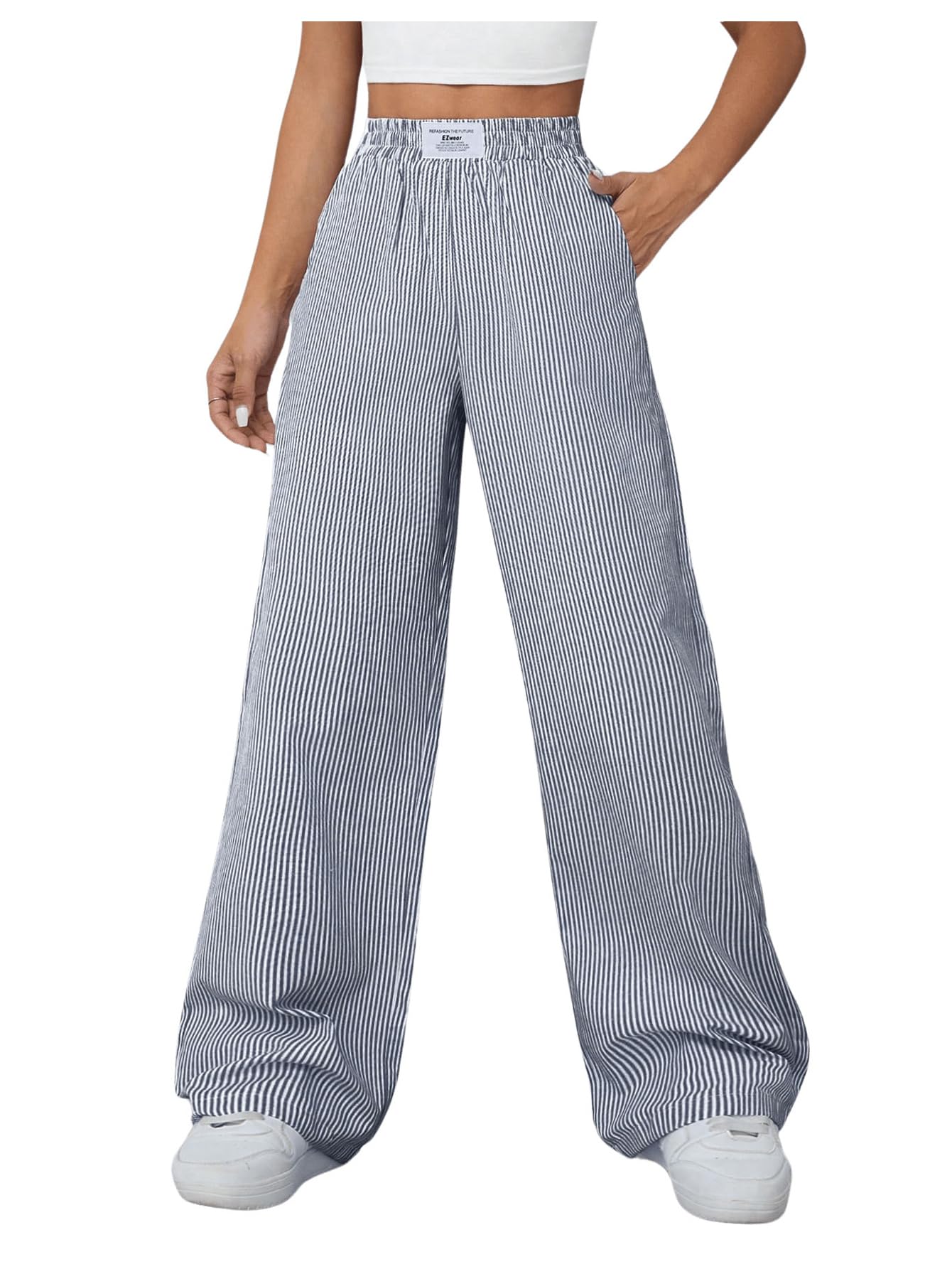 Milumia Women's Striped Wide Leg Pants Elastic High Waist Pocket Long Trousers