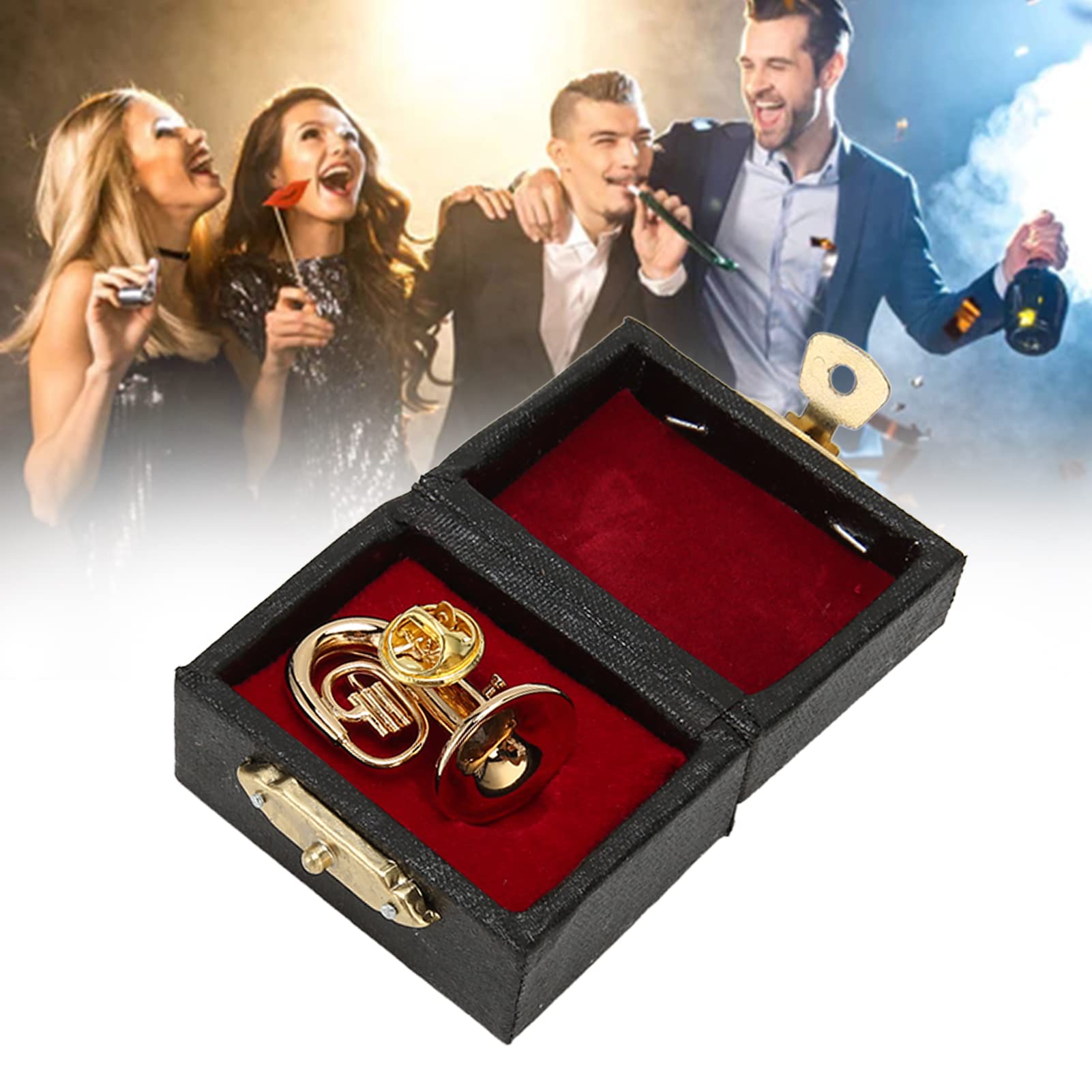 Miniature French Horn,Gold Color Miniature Musical Instrument Miniature Musical Brooch with Storage Box Simulation Mini French Horn Model for Table Shelf
