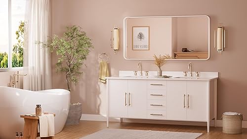 Miniatura 55 de TETOTE Espejo de 60 x 36 pulgadas para baño, espejo de tocador dorado de latón cepillado, espejo de pared grande rectangular con marco de metal Oro