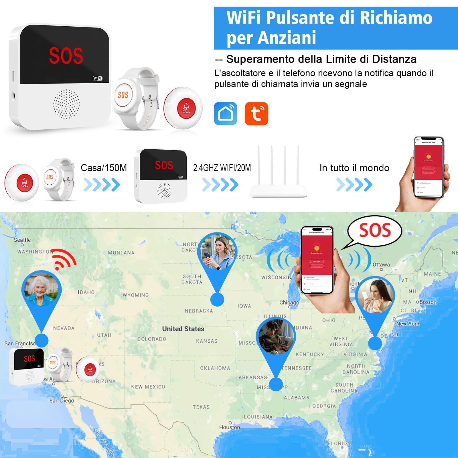 ChunHee Pulsante di chiamata di emergenza per anziani Tuya WiFi Smart Senior Sistema di allarme di emergenza