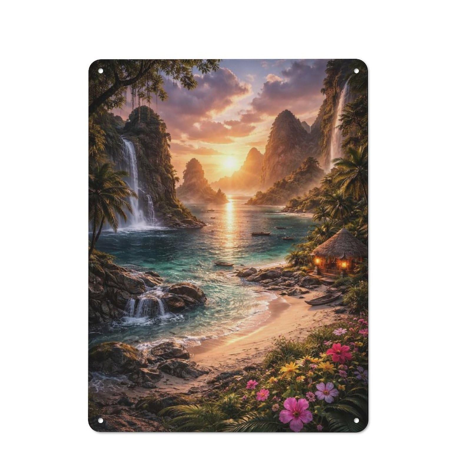 Tropical Paradise Sunset with Waterfalls Vintage-inspired Tin Sign 40x30cm for Garage Or Workshop, for Vintage Wall Decor Fans, for Metal Sign Collectors