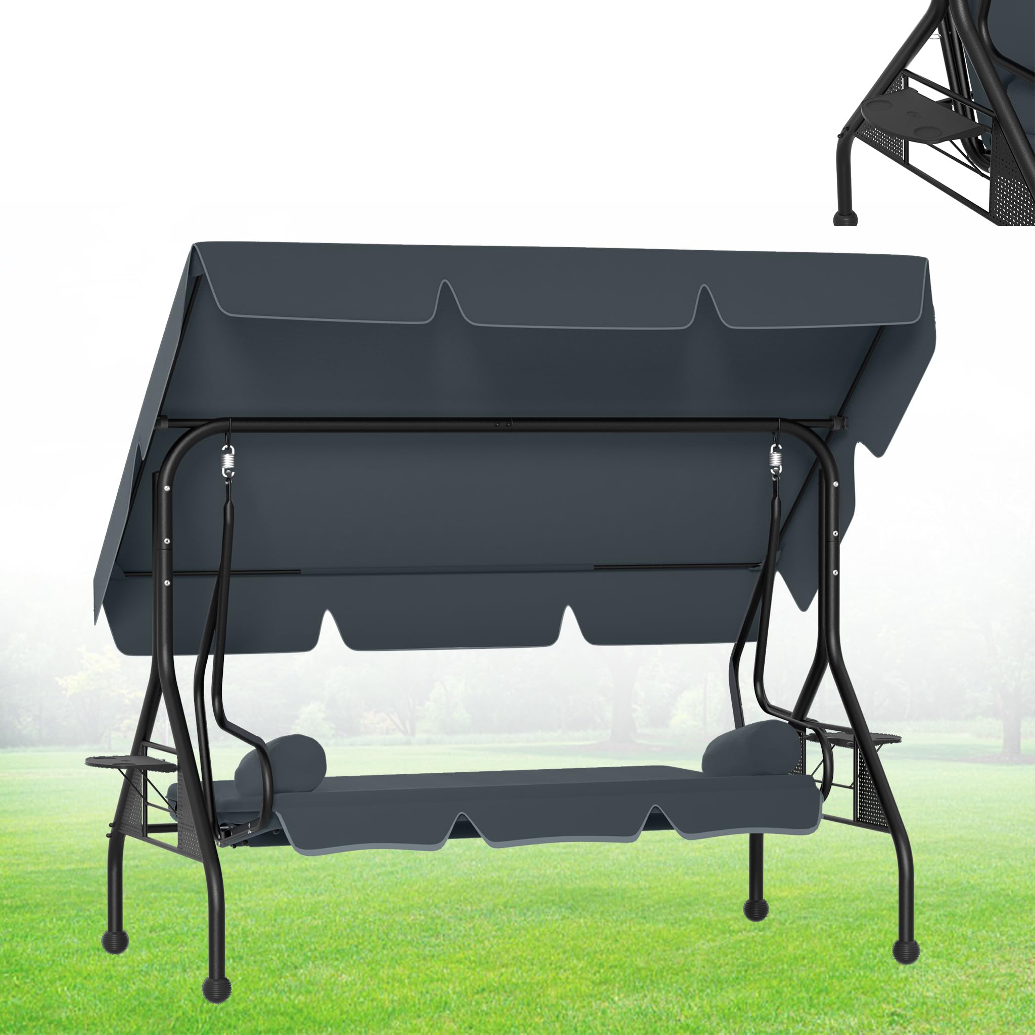 Aufun Hollywoodschaukel 3-Sitzer Garten Schaukelbank mit Verstellbarem Sonnendach und Abnehmbarem Sitzkissen – wetterfeste Gartenschaukel für Terrasse Balkon Gartenliege bis 350 kg (Grau)