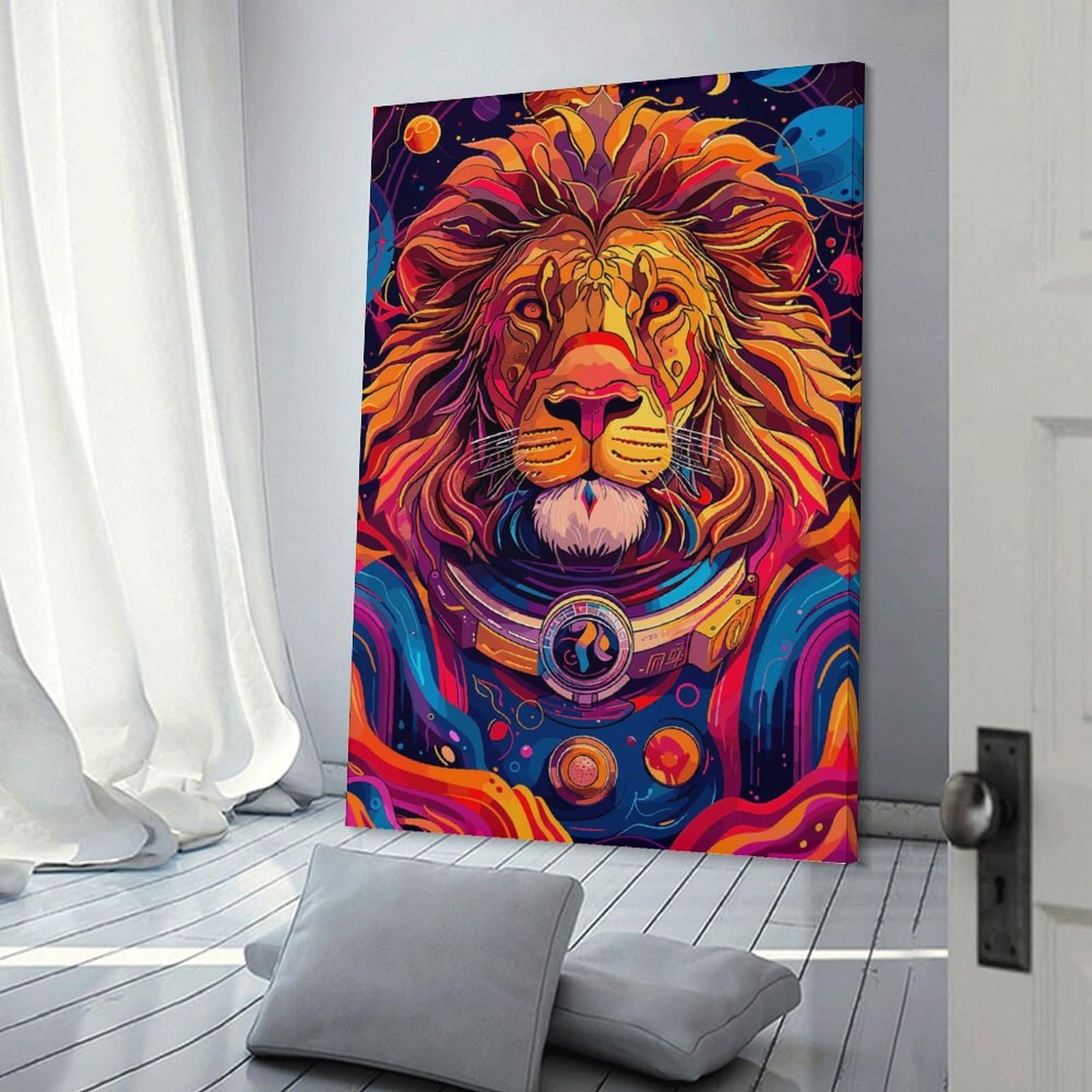 Junmoney Canvas Wall Picture Astronaut Space Lion, 24x36inch(60x90cm), for Gallery Wall Decor And Room Displays, Decorative Artwork with Flexible Styling