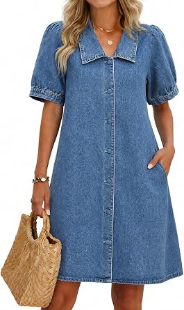 Kedera Sailor Denim Dress for Women Babydoll Short Sleeve Button Down Jean Shirt Dresses with Pockets