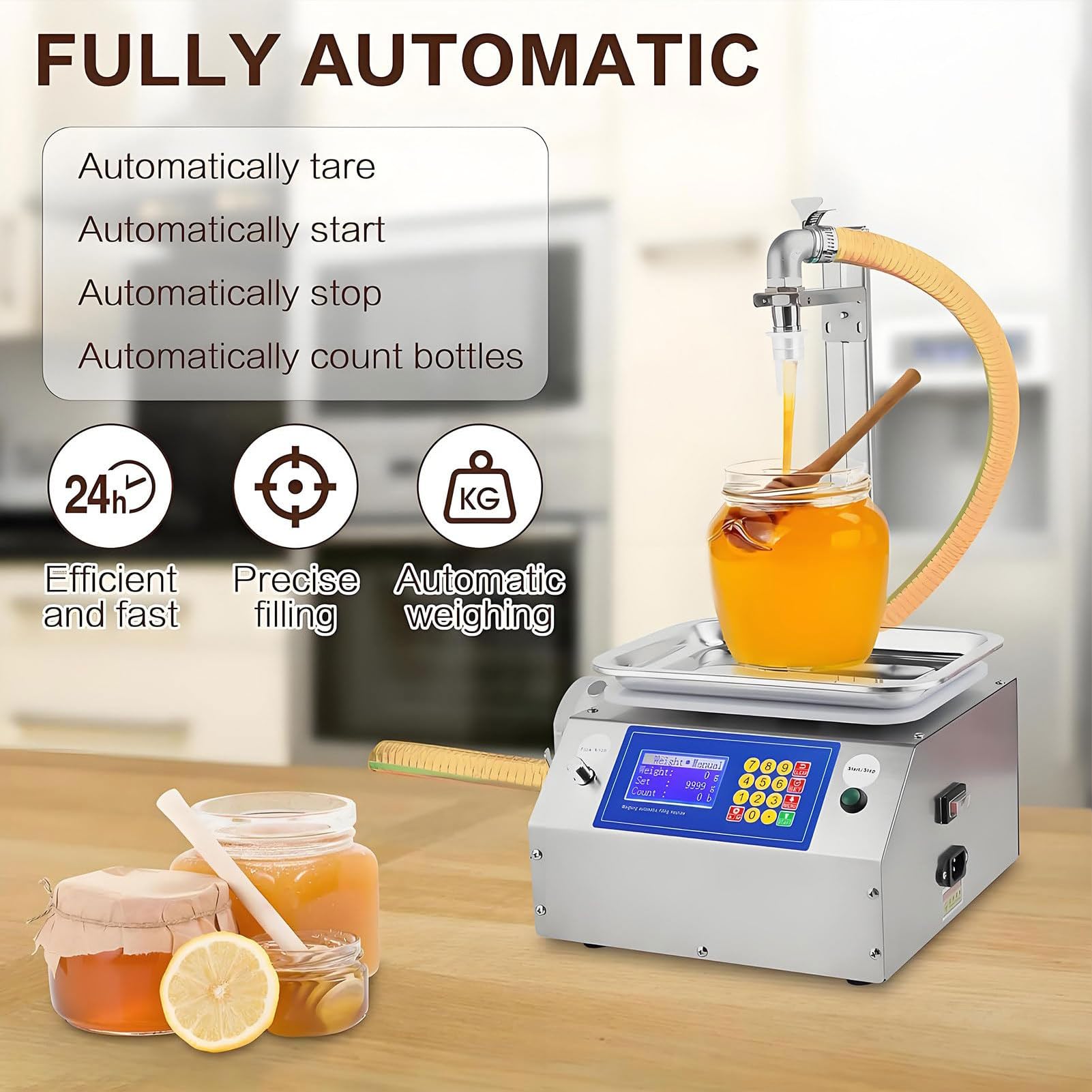 Macchina per il Riempimento di Liquidi, Riempitrice Automatica di Bottiglie con Capacità di Pesatura da 10 g a 3 kg, per Miele, Olio, Detersivo, Liquidi Viscosità 7L/Min