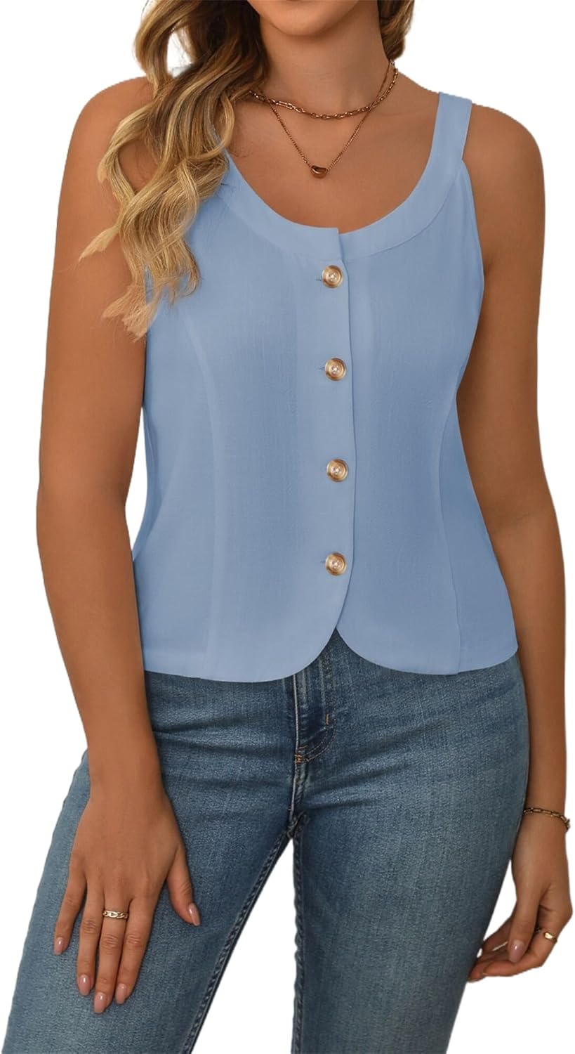 Women Cotton Linen Crew Neck Crop Vest Tank Tops Summer Sleeveless Button Down Spaghetti Strap Cami Shirts