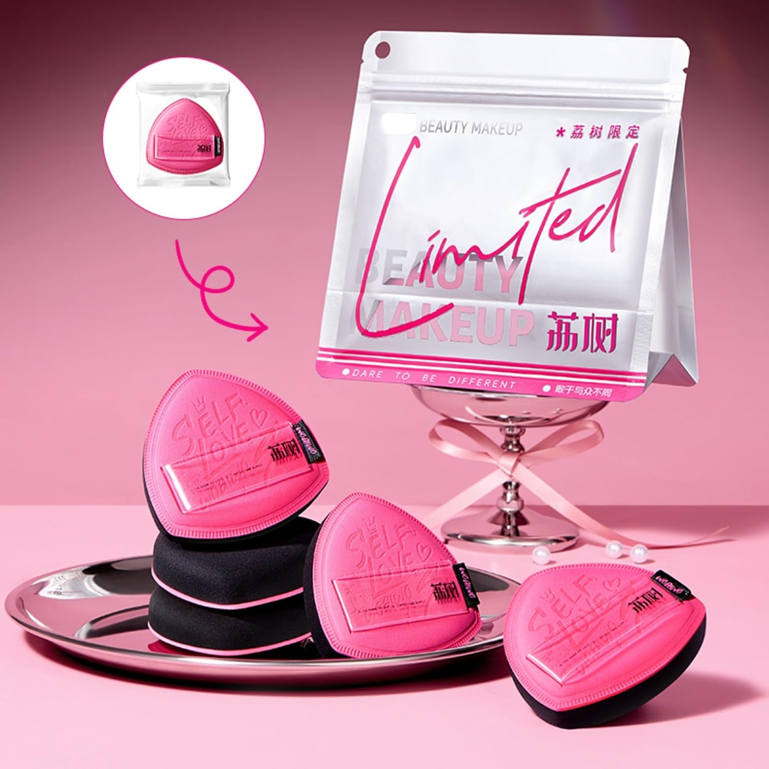 1 Bag of of 5 PCS Lishu Puff Foundation Makeup Sponge, Limited Edition Pink Triangle Soft Puff Set