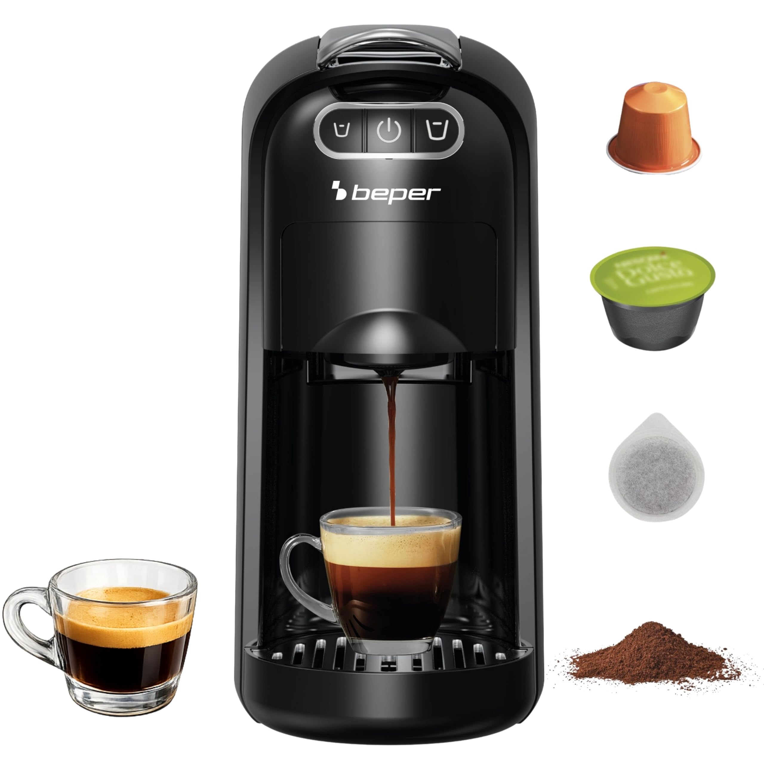 BEPER P101CAF200 Cafetera Espresso Amata 4 en 1, 20 bares, compatible con cápsulas Nespresso® y Dolce Gusto®, monodosis ESE y café molido, 1400 W, depósito de 700 ml