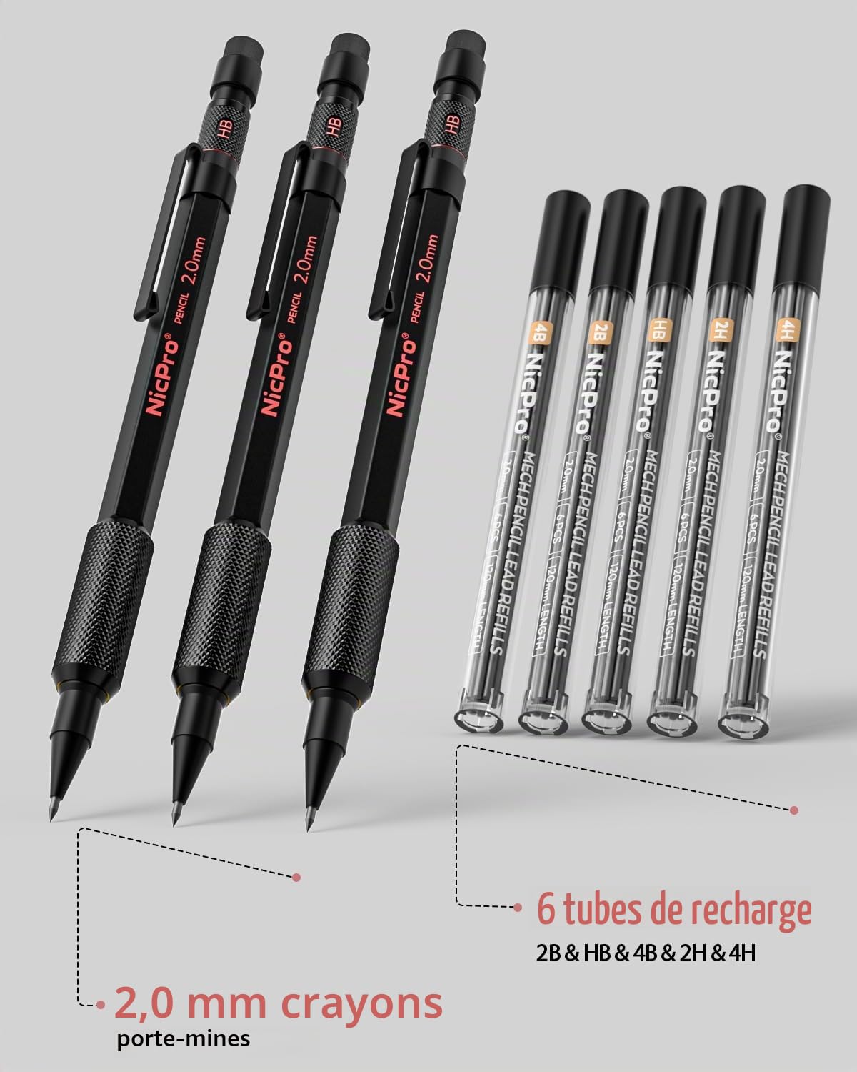 Nicpro 3 porte mine 2 mm avec étui, 33 mines graphite (4B 2B HB 2H 4H), 36 mines de couleur, gommes- corps en métal résistant aux intempéries, crayon chantier robuste pour le dessin et les croquis.