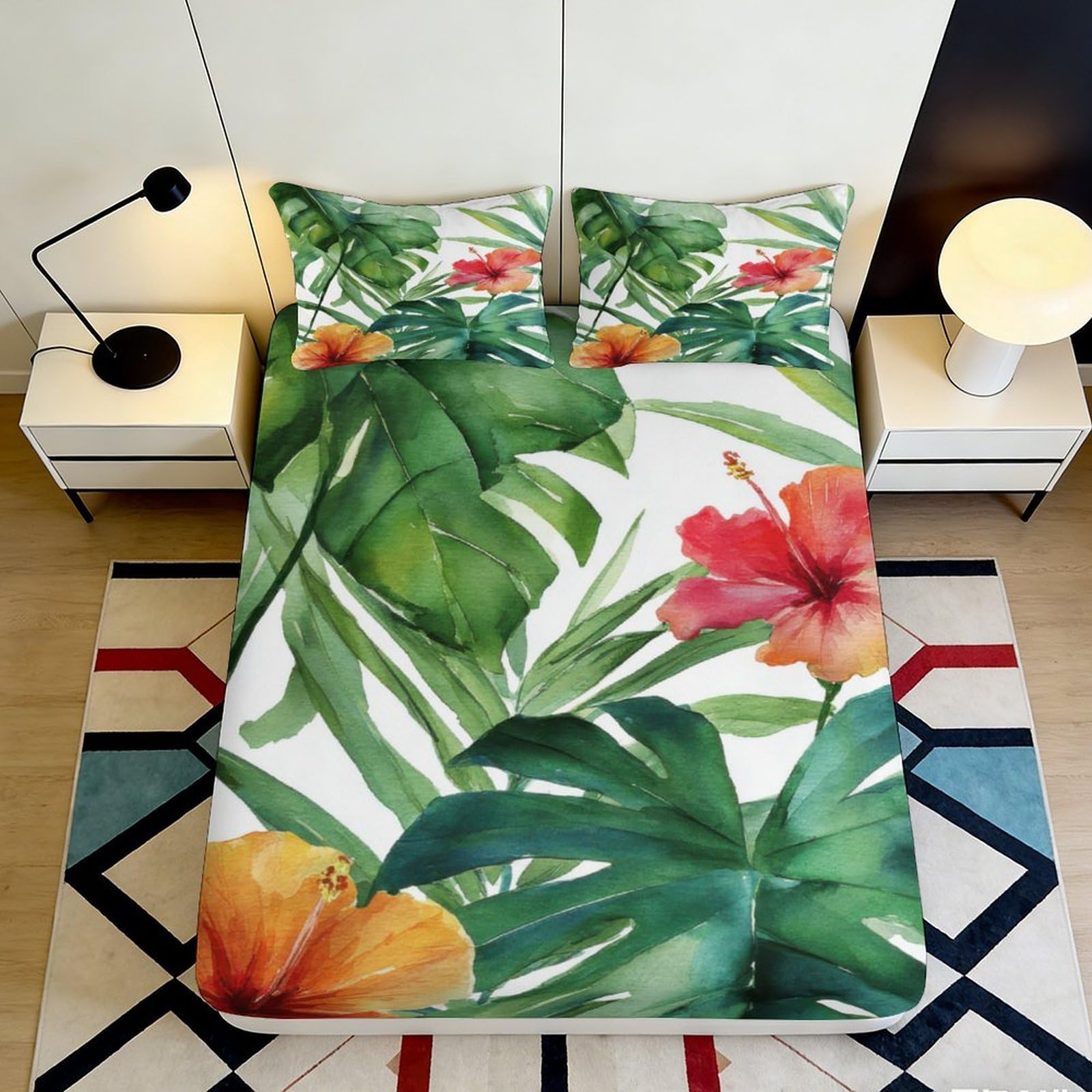 3D Printed Tropical Leaves Fitted Sheet Microfiber Soft Vibrant Hibiscus Mattress Cover Bedroom Decor 90x200x25cm