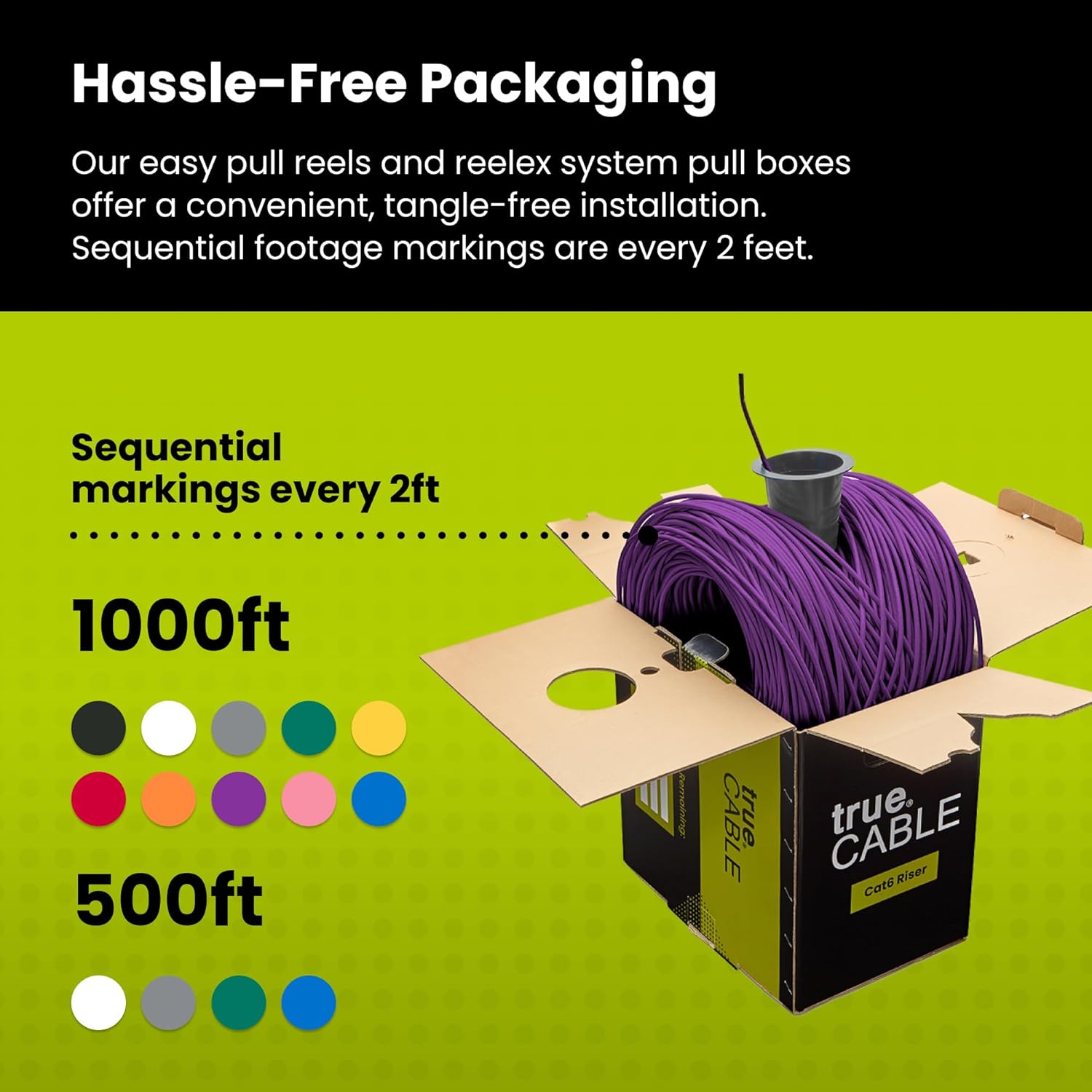 trueCABLE Cat6 Riser (CMR), 1000ft, Purple, 23AWG 4 Pair Solid Bare Copper, 550MHz, PoE++ (4PPoE), ETL Listed, Unshielded Twisted Pair (UTP), Bulk Ethernet Cable