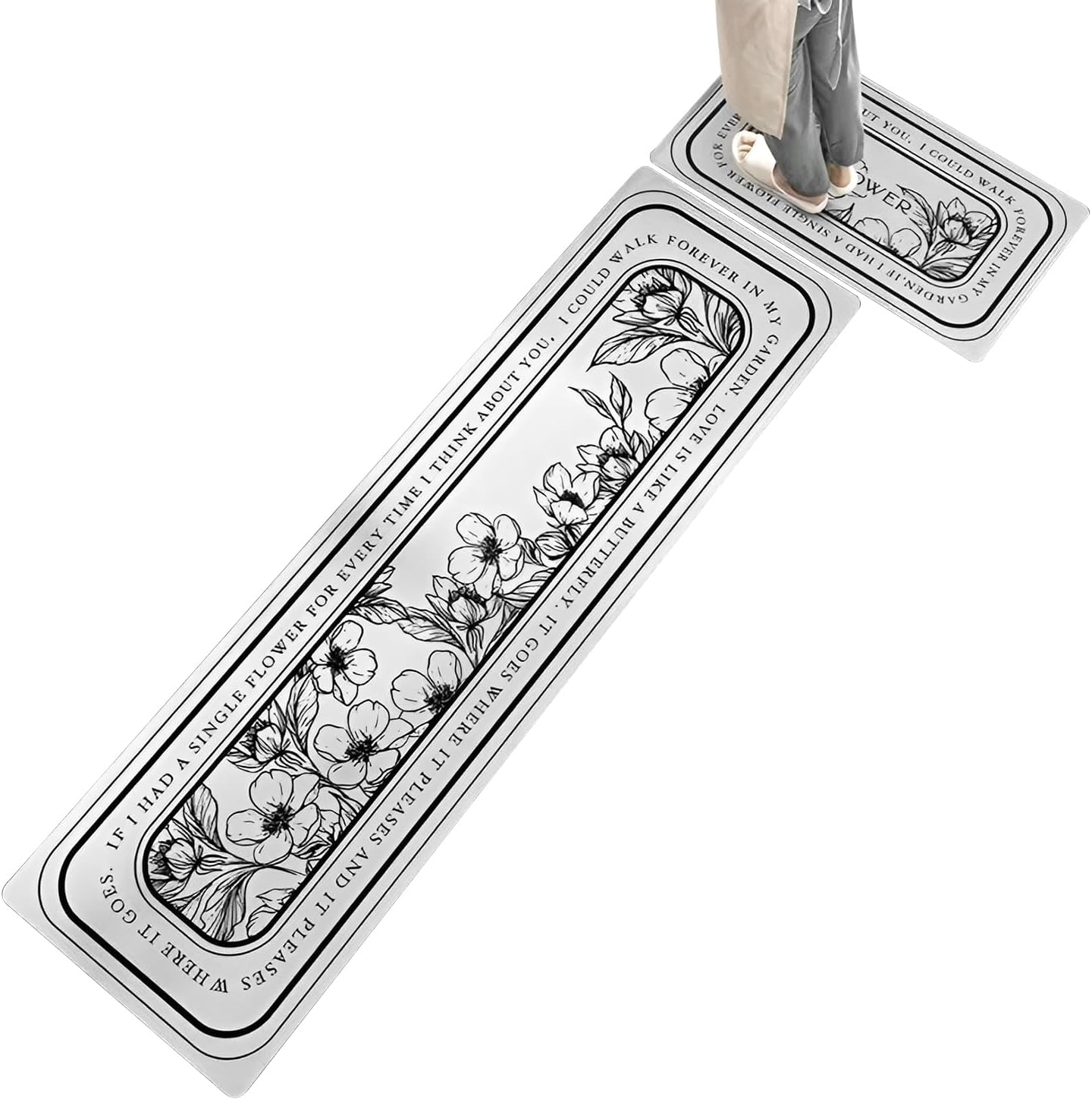 BEYWAY Kitchen Mats, 2 Pcs Cushioned Anti-Fatigue Kitchen Set, Royal Flower Patterns, L-Shape Waterproof Floor Mats Washable for Kitchen Bathroom Sink Laundry Room, Water Oil Absorption Mat (Black)