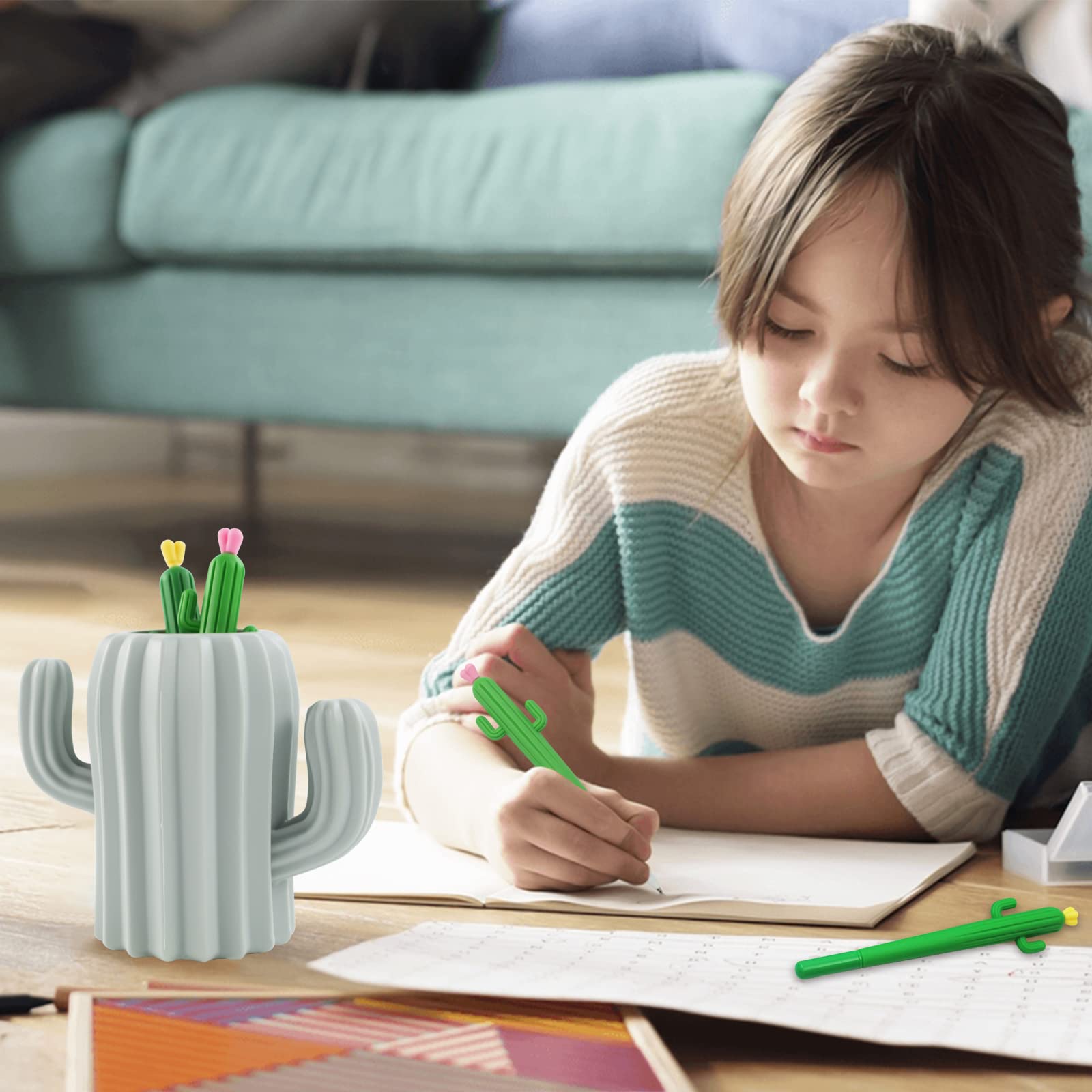 2 portapenne a forma di cactus con 4 penne gel a forma di cactus, grazioso organizer per penne, accessori da scrivania creativi e divertenti per trucco, cancelleria e porta pennelli