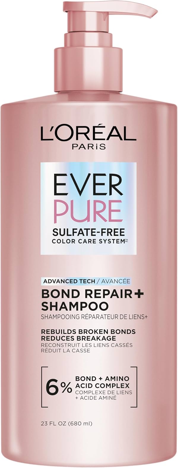 L'Oreal Paris Champú Bond Repair+ Libre de Sulfatos, Champú para Cabello con Complejo de Aminoácidos, Fortalece y Repara el Cabello Dañado o con Color, EverPure, 23 Fl Oz (El empaque puede variar) Sin Fragancia 23 Fl Oz (Paquete de 1)